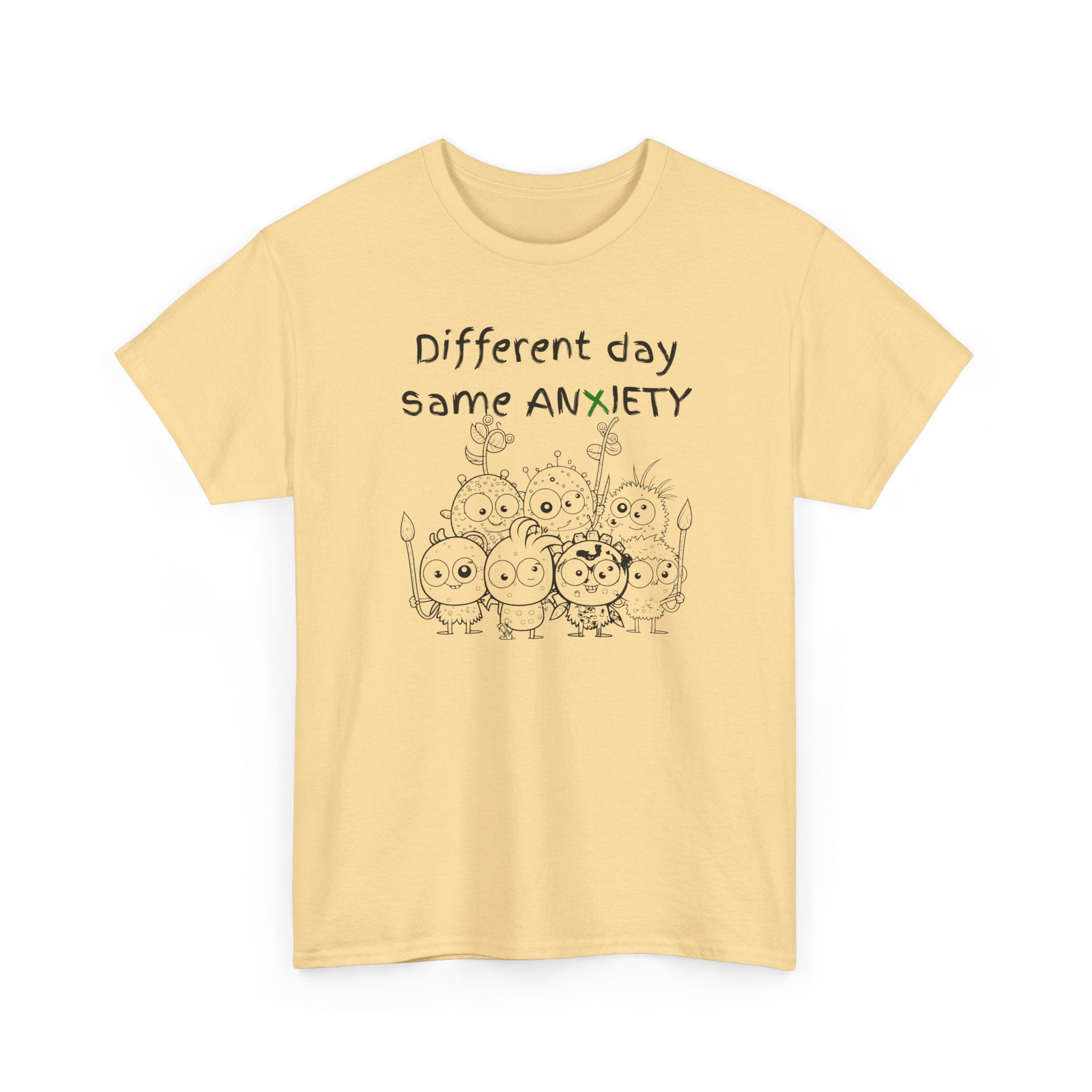 Anxiety Cartoon Tee — "Different day same ANXIETY" Mental Health Graphic T-Shirt