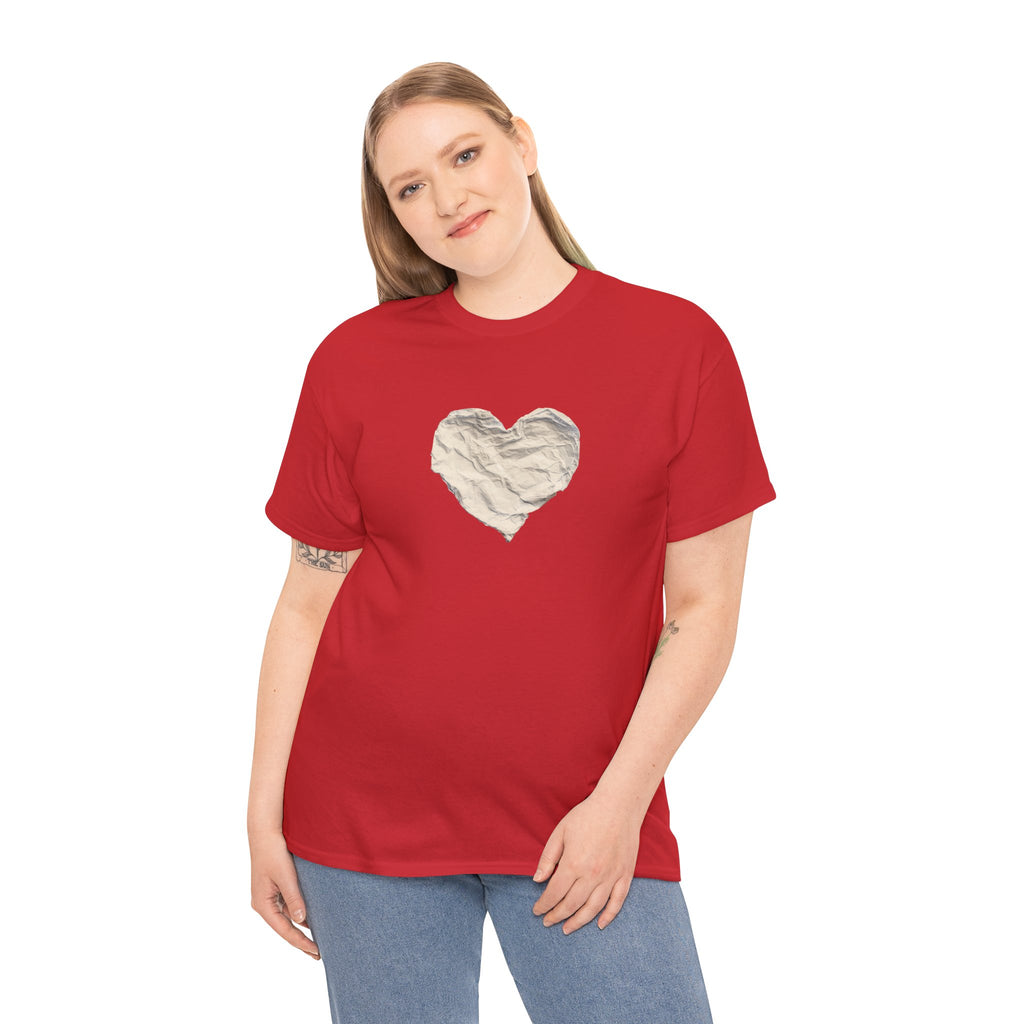 Crinkled Paper Heart Tee - Minimalist White Cotton Shirt