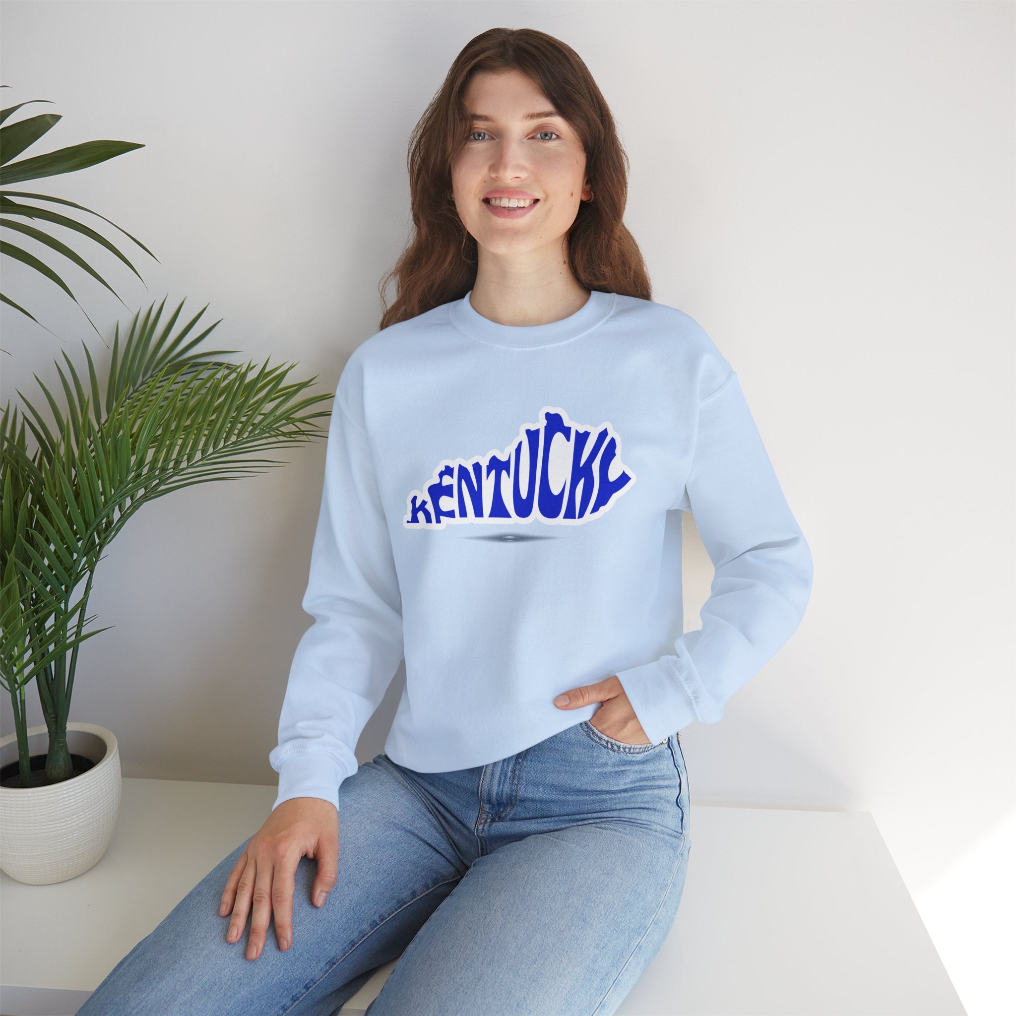 Kentucky State Outline Crewneck Sweatshirt — Blue 'Kentucky' Typography