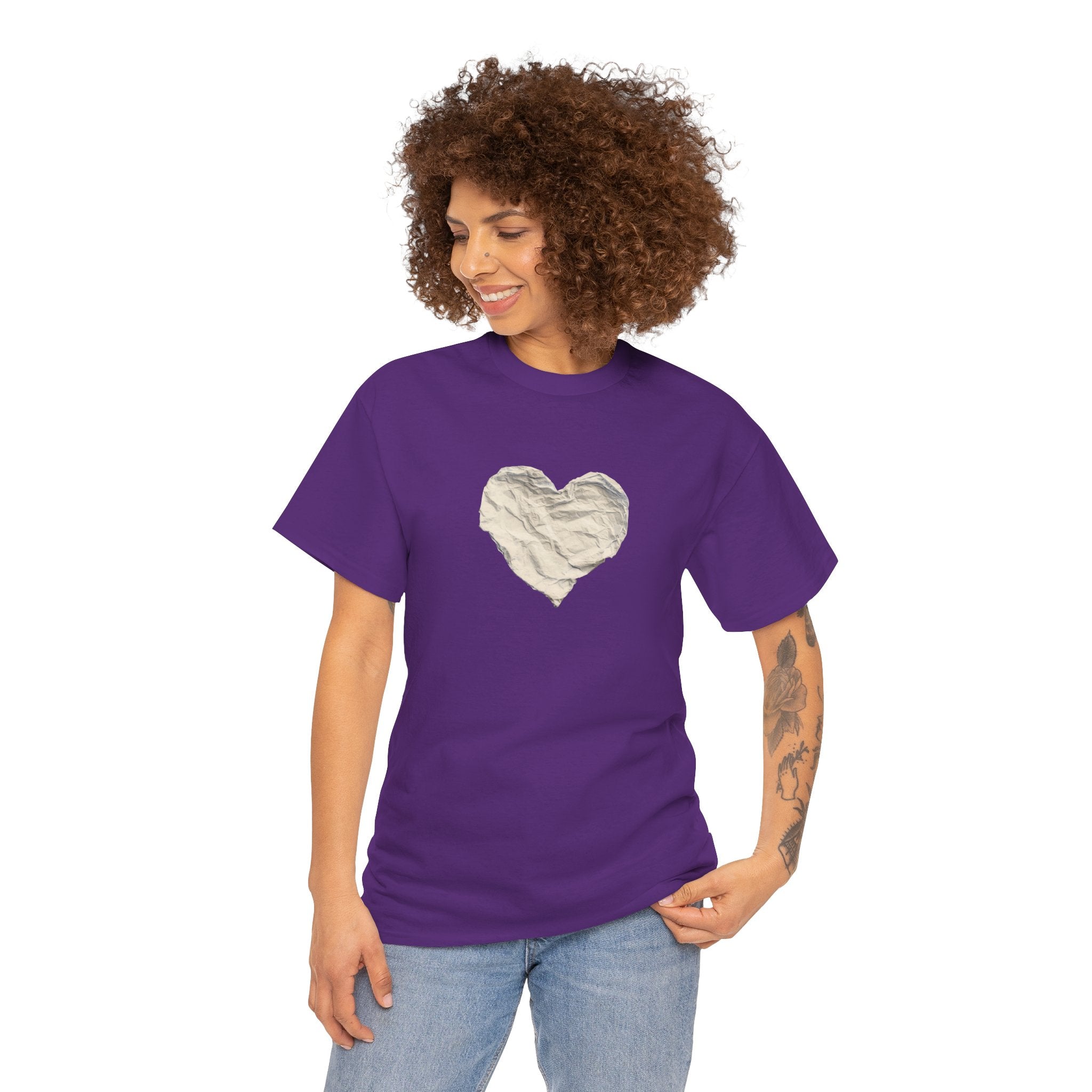 Crinkled Paper Heart Tee - Minimalist White Cotton Shirt