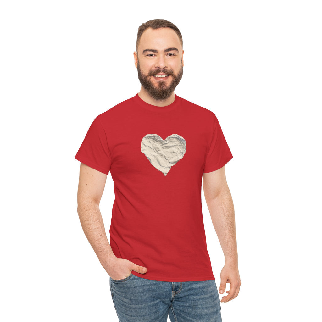 Crinkled Paper Heart Tee - Minimalist White Cotton Shirt