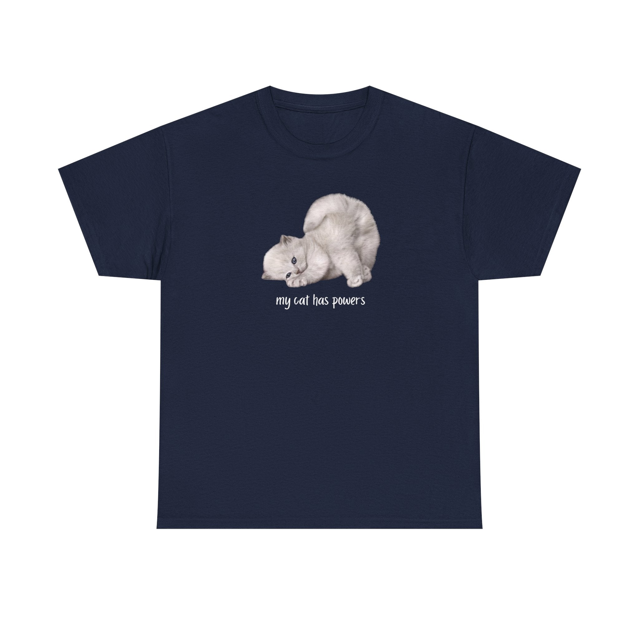 Cat T-Shirt – "My Cat Has Powers" Cute Stretching Cat Graphic Tee