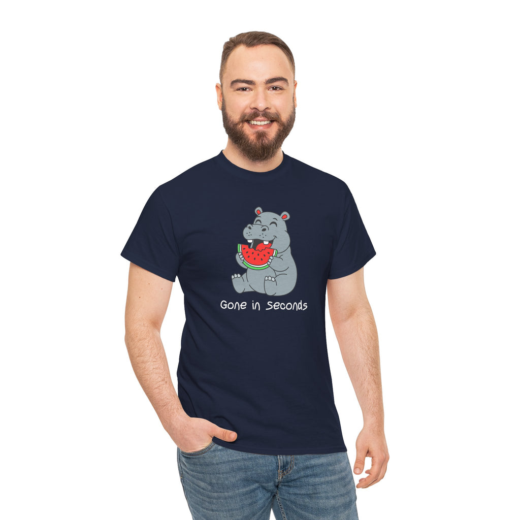 Hippo Eating Watermelon Tee — "Gone in Seconds" Cute Animal Graphic Shirt