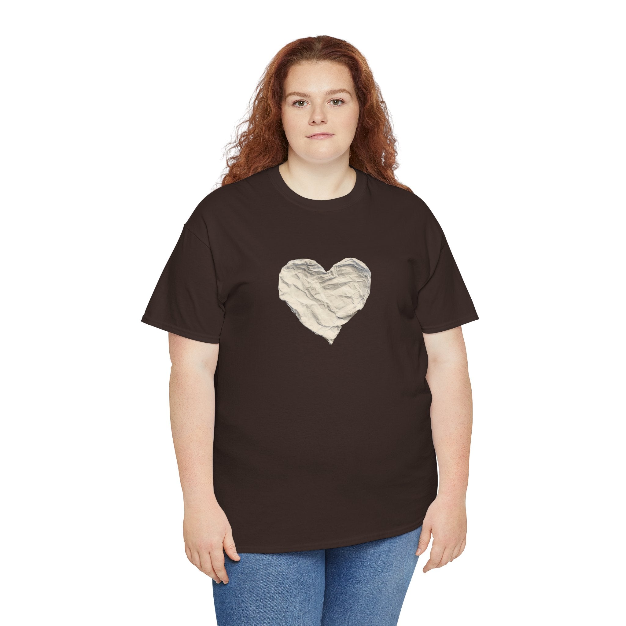 Crinkled Paper Heart Tee - Minimalist White Cotton Shirt