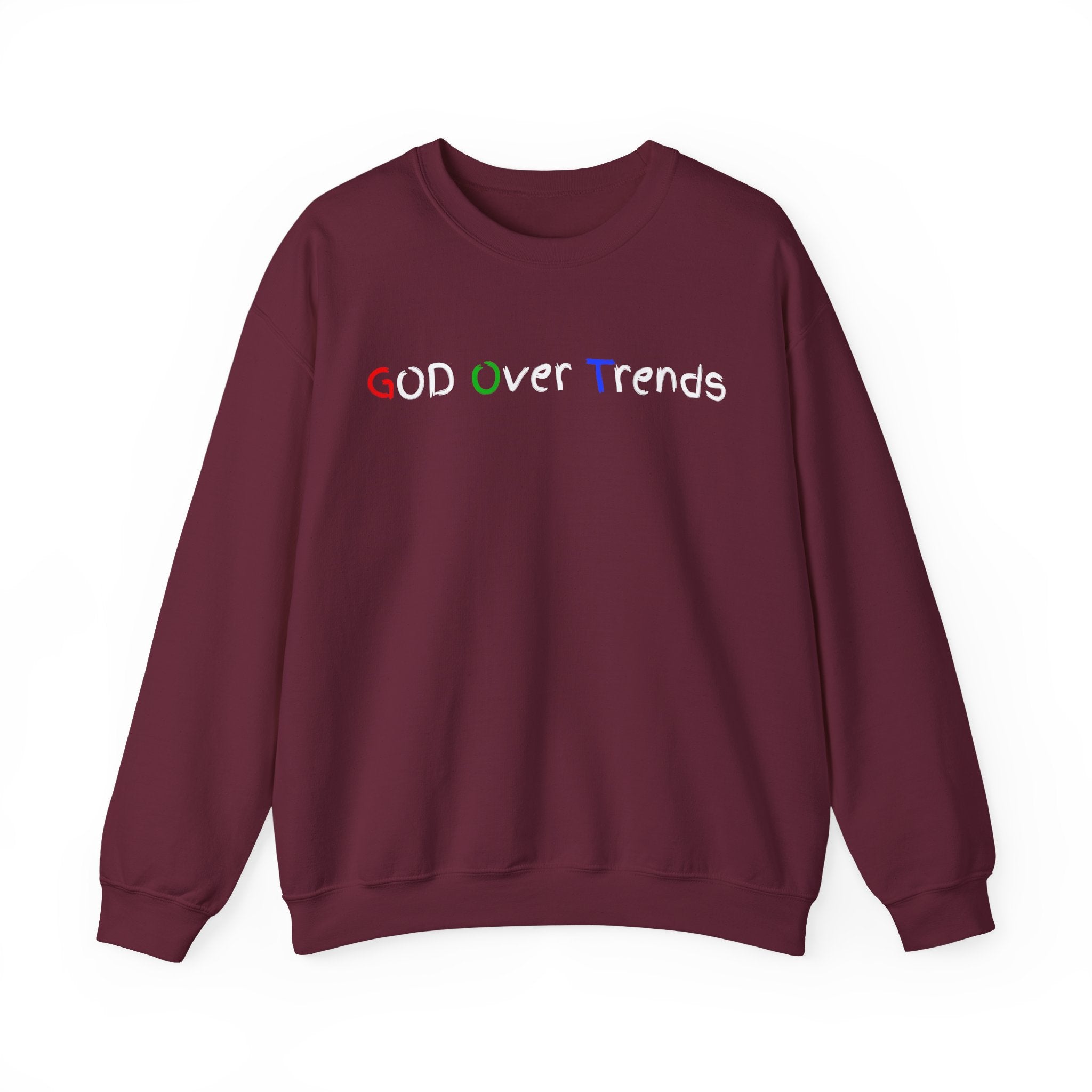 Crewneck Sweatshirt — "GOD over Trends" Colorful Faith Graphic