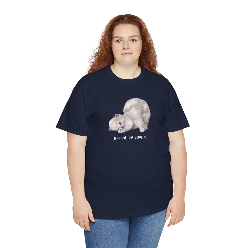 Cat T-Shirt – "My Cat Has Powers" Cute Stretching Cat Graphic Tee