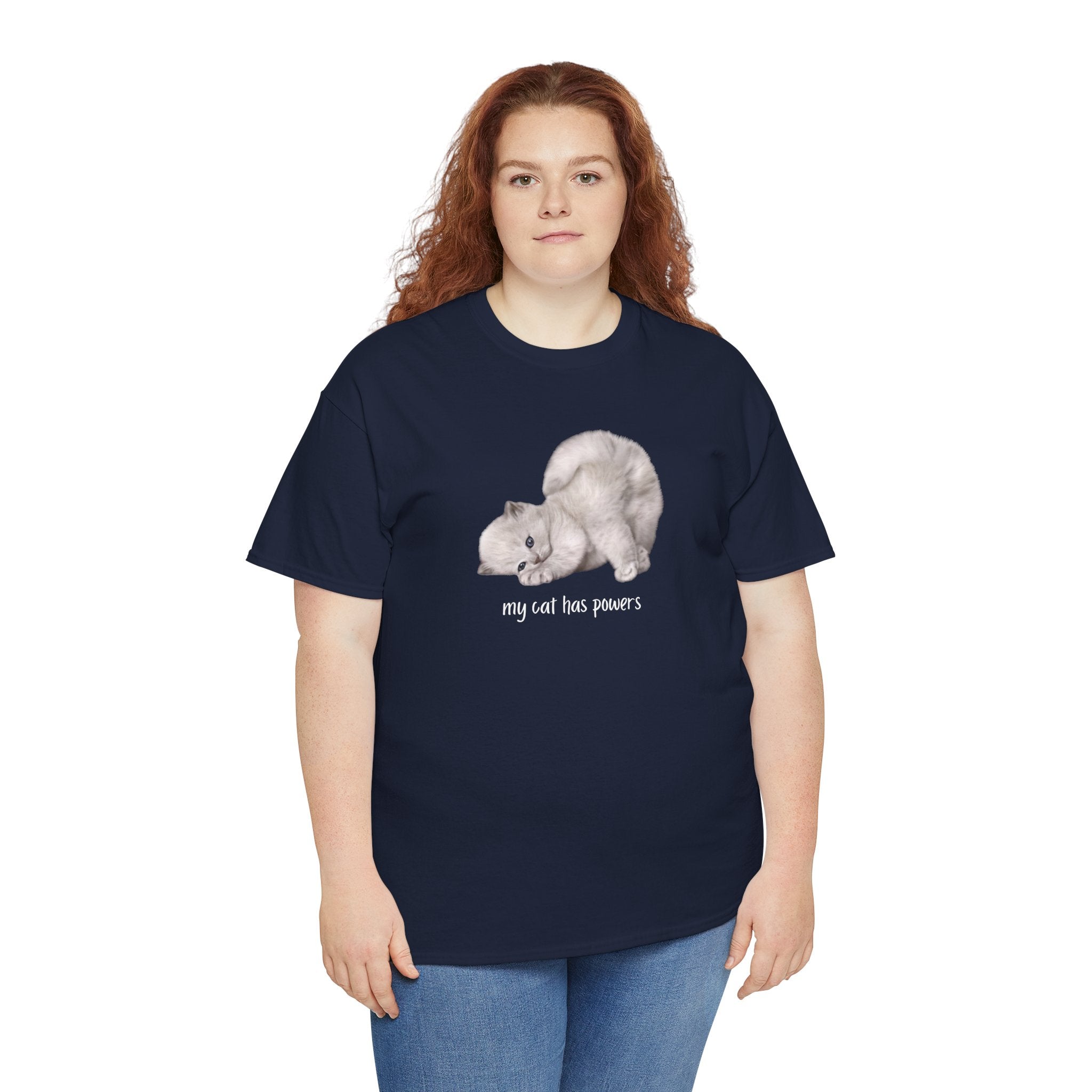 Cat T-Shirt – "My Cat Has Powers" Cute Stretching Cat Graphic Tee