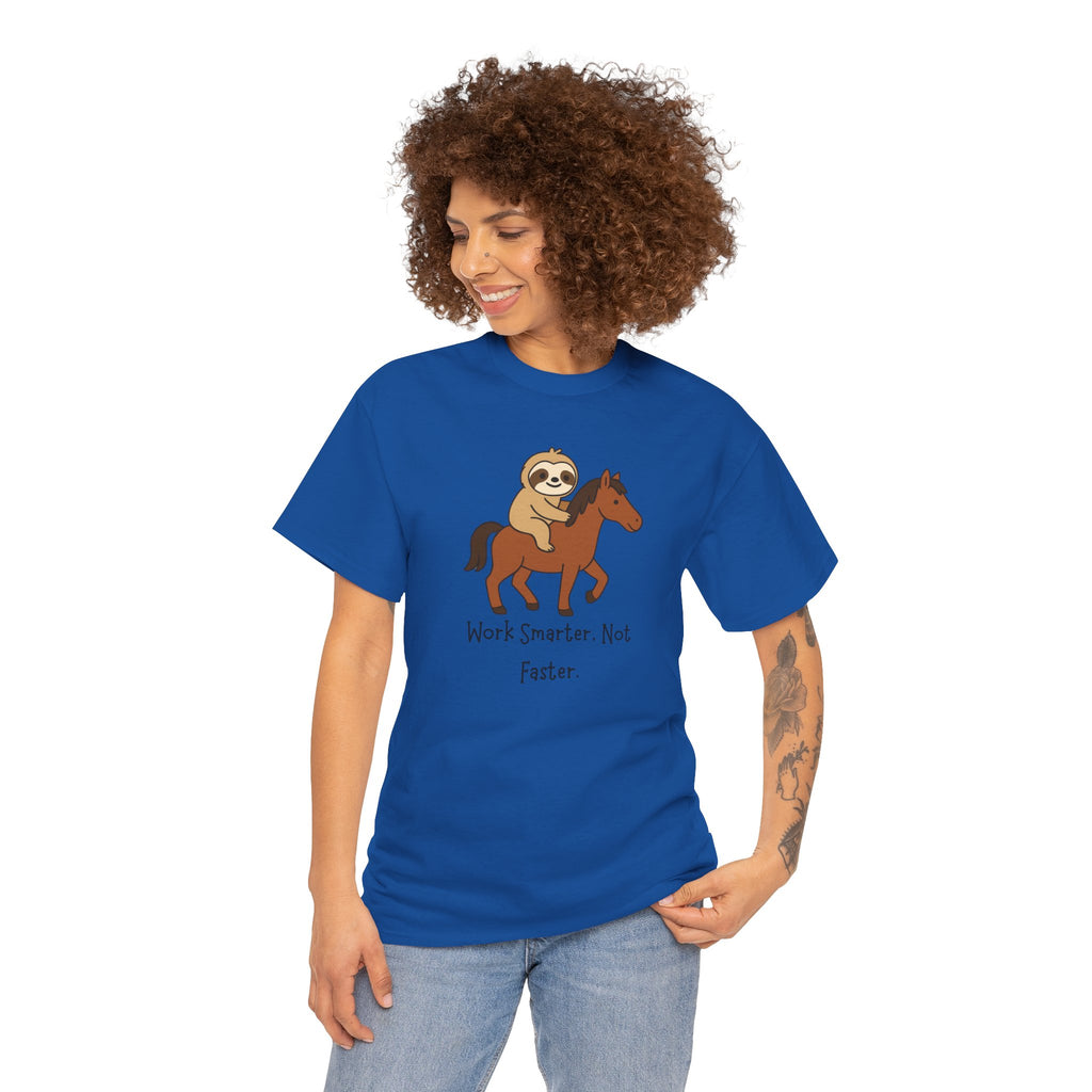Sloth on Horse Tee — "Work Smarter, Not Faster" Cute Casual Graphic T-Shirt