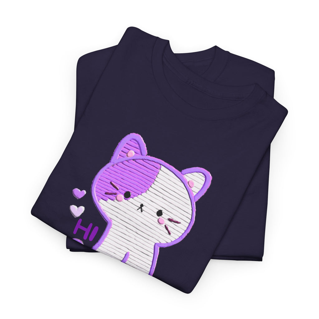 Cute Purple Cat “Hi” T-Shirt — Kawaii Kitten Graphic Tee