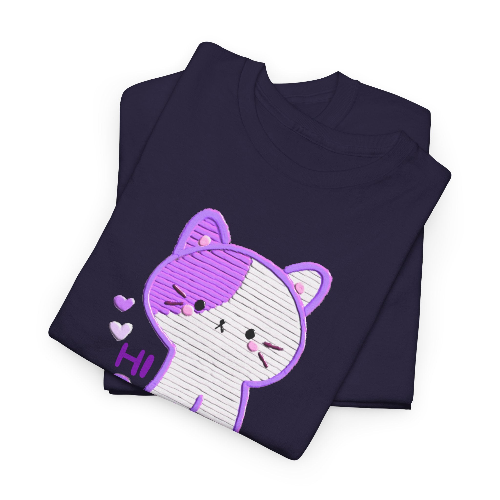 Cute Purple Cat “Hi” T-Shirt — Kawaii Kitten Graphic Tee