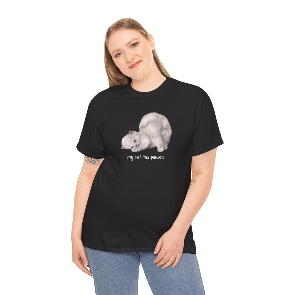 Cat T-Shirt – "My Cat Has Powers" Cute Stretching Cat Graphic Tee