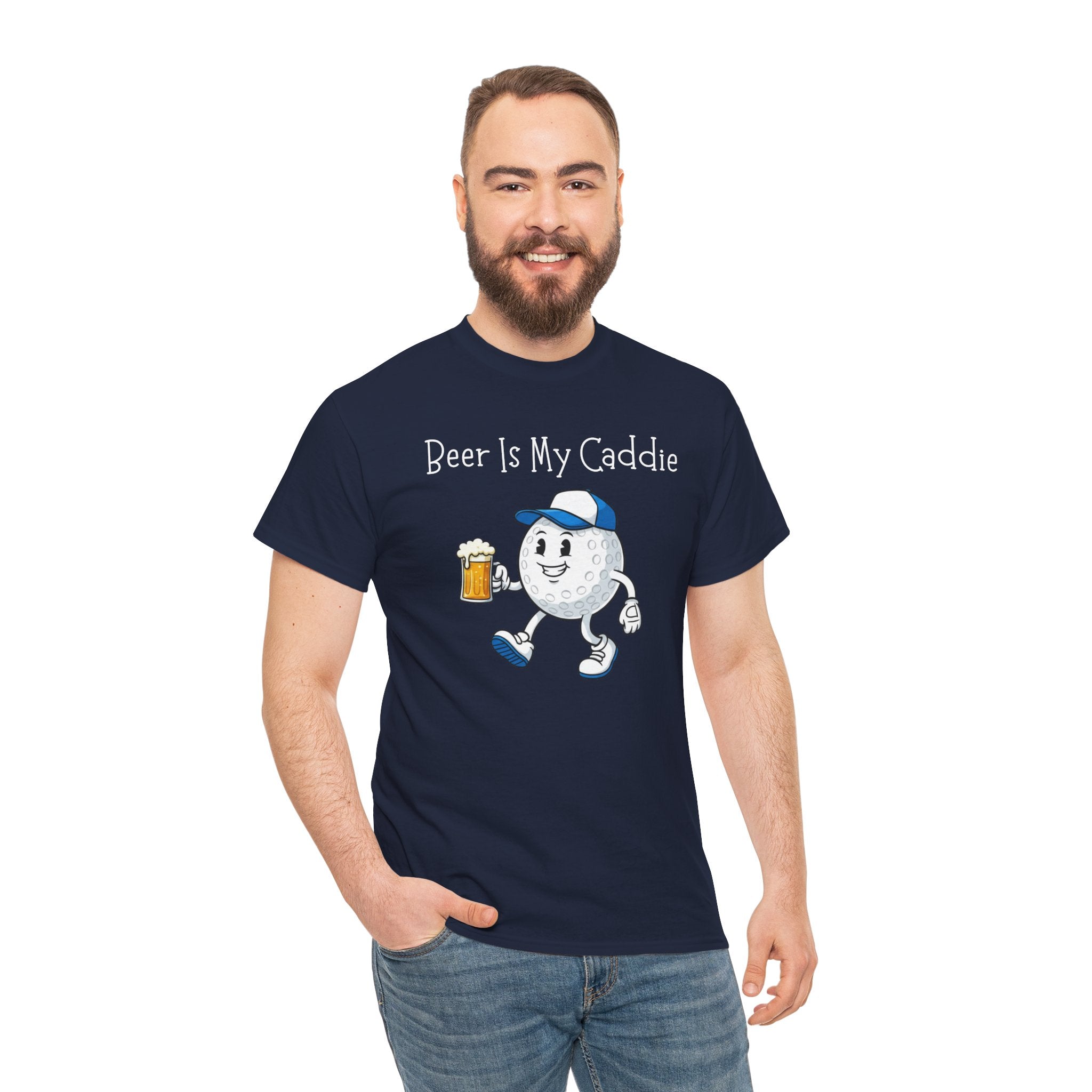 Golf Ball Cartoon Tee — "Beer Is My Caddie" Funny Golf Shirt