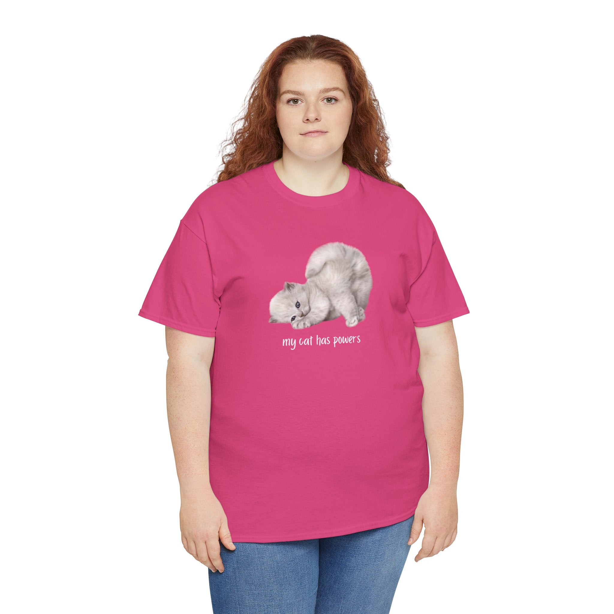Cat T-Shirt – "My Cat Has Powers" Cute Stretching Cat Graphic Tee