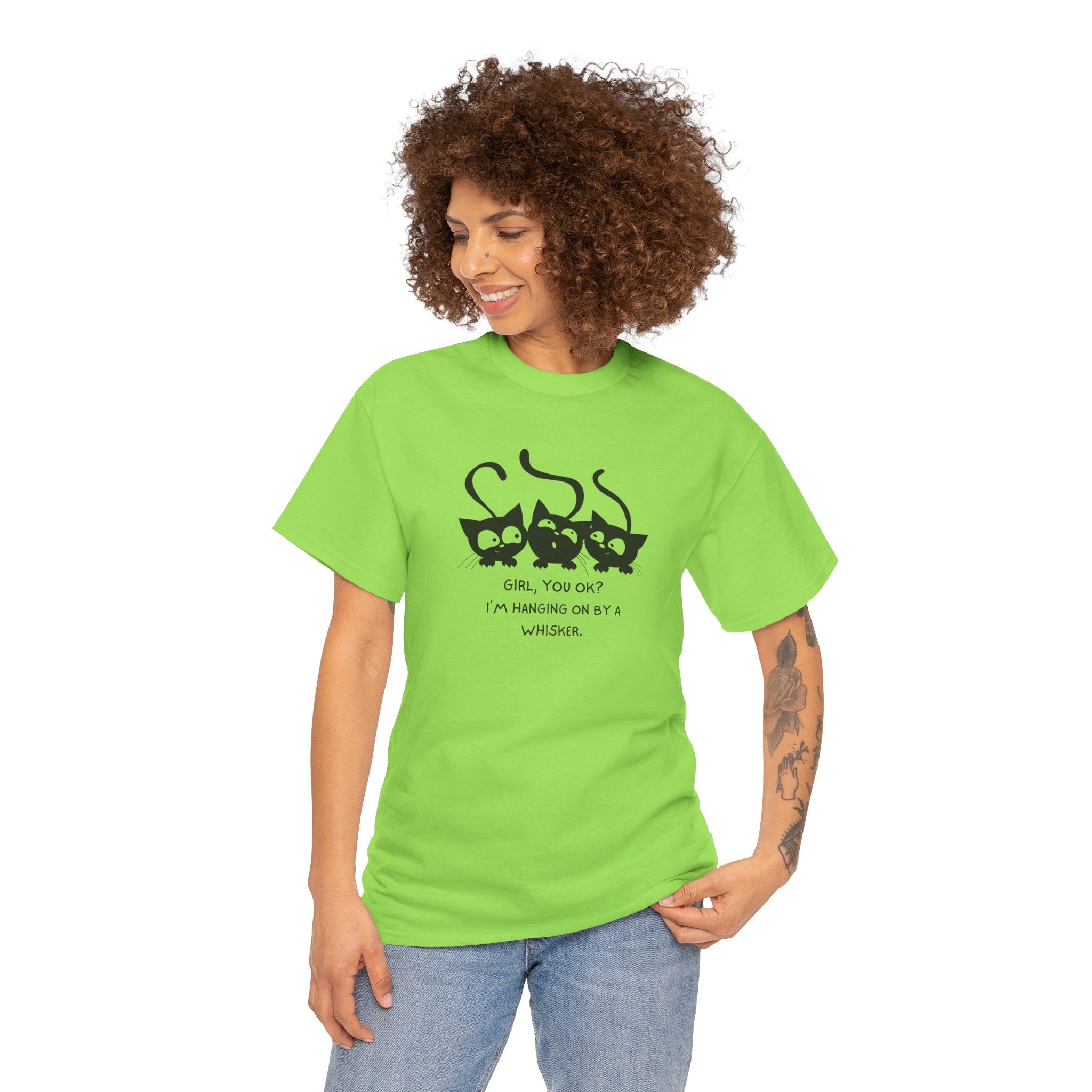 Cat Trio T‑Shirt – “Girl, You OK? I’m Hanging On By A Whisper” Cute Cat Graphic Tee