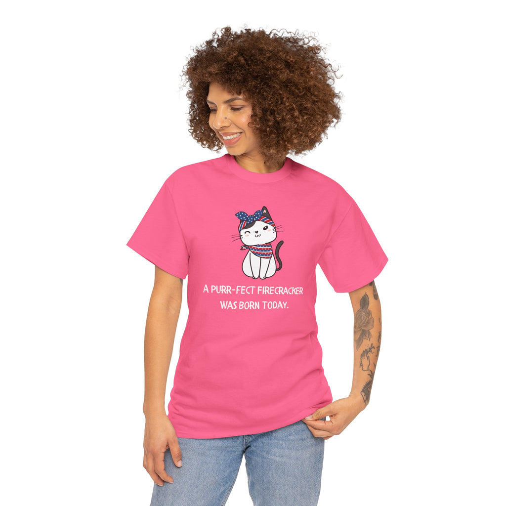 Cat Birthday Tee — "A Purr-fect Firecracker Was Born Today"