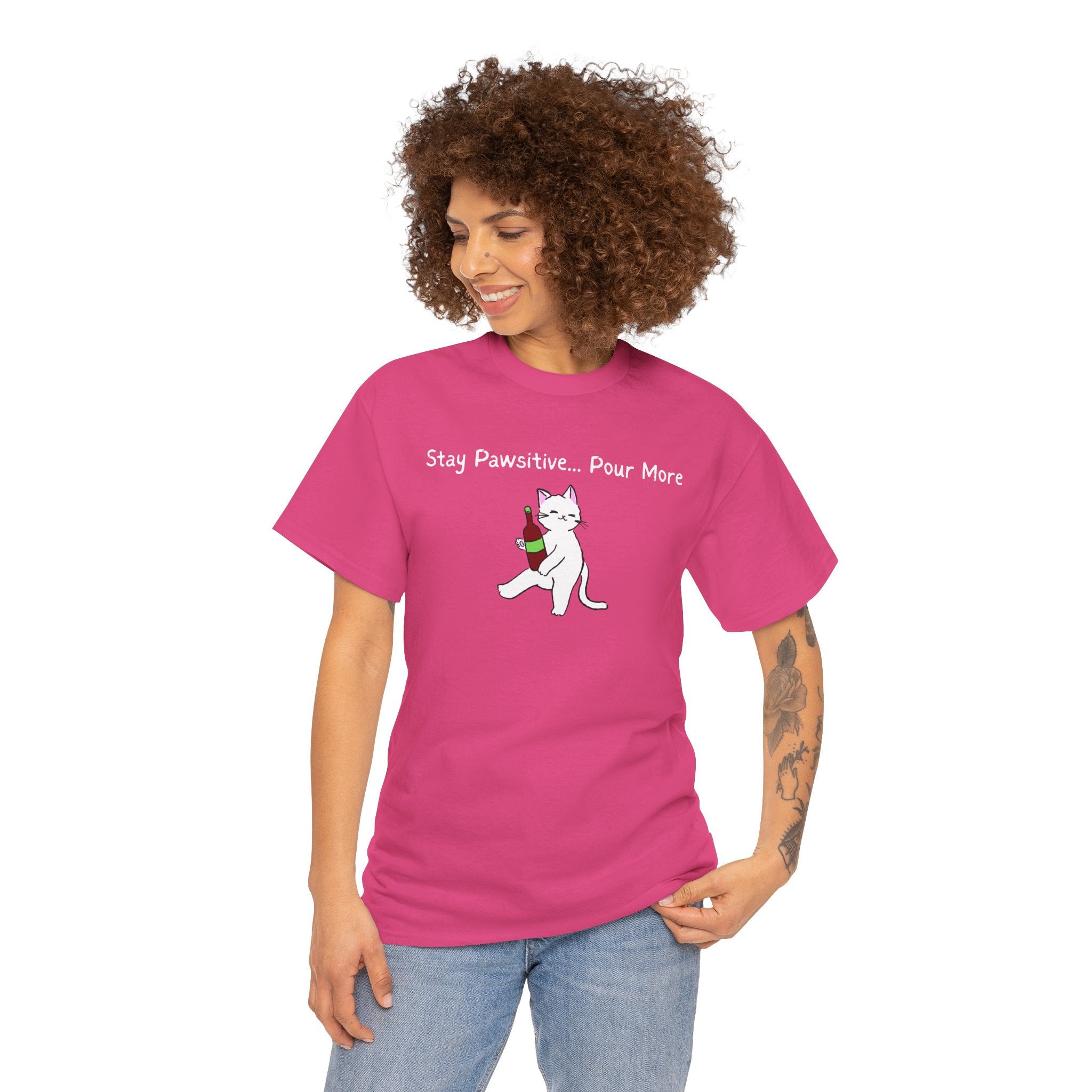 Cat Wine Tee - "Stay Pawsitive Pour More" Funny Cat Drinking T-Shirt