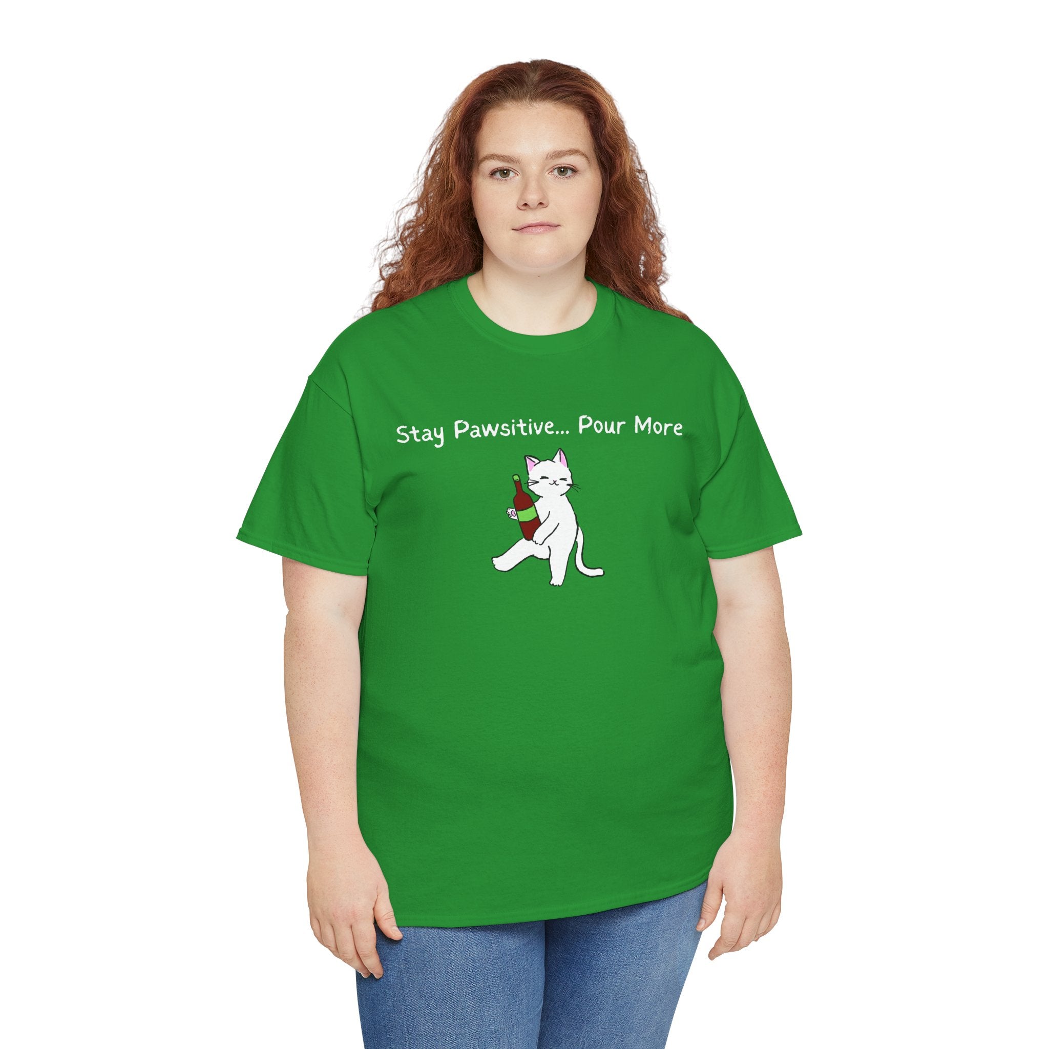 Cat Wine Tee - "Stay Pawsitive Pour More" Funny Cat Drinking T-Shirt