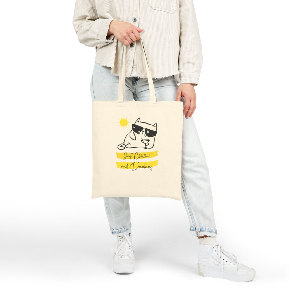 Cat Chill Tote Bag — "Just Chillin' and Drinking" Cotton Canvas Grocery Tote