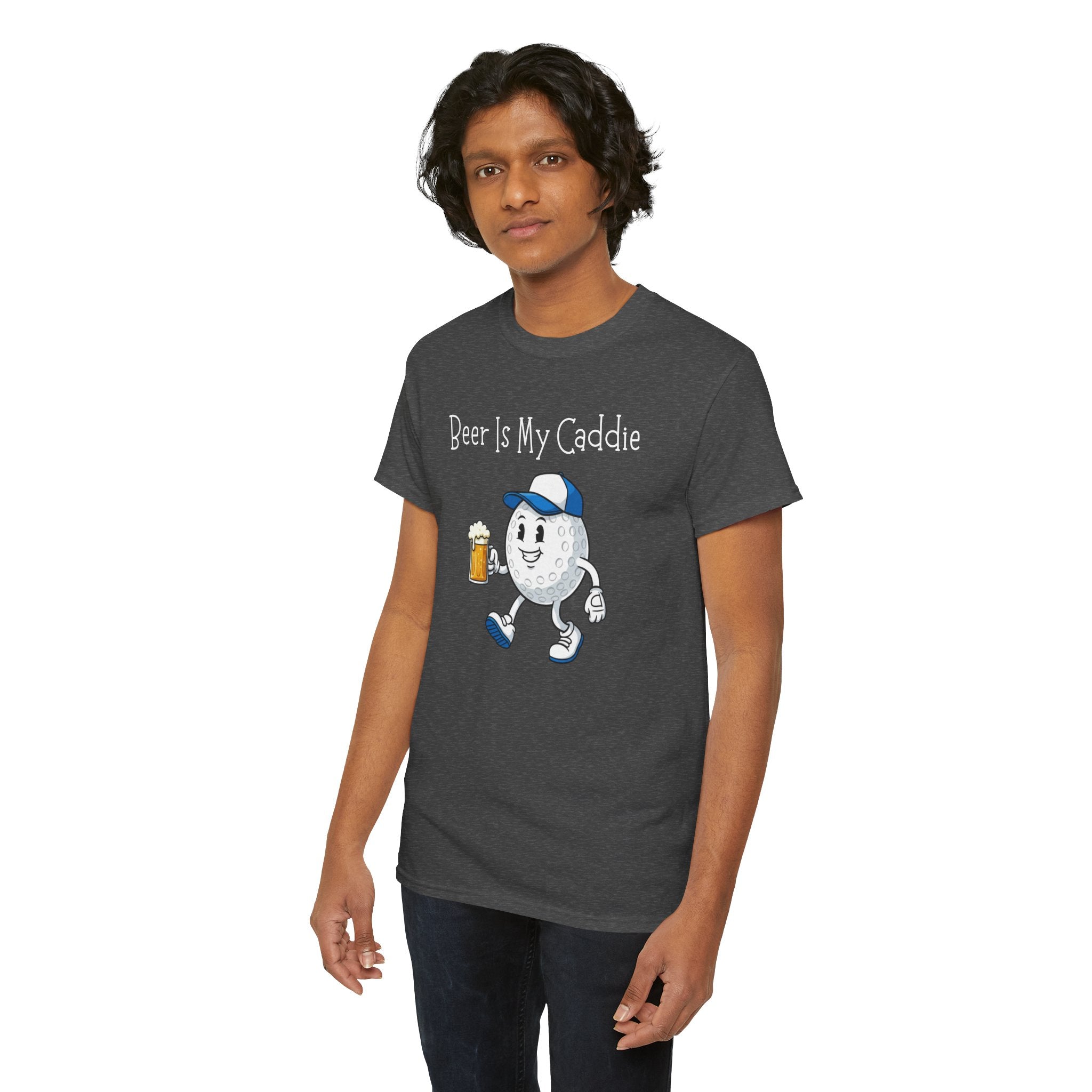 Golf Ball Cartoon Tee — "Beer Is My Caddie" Funny Golf Shirt