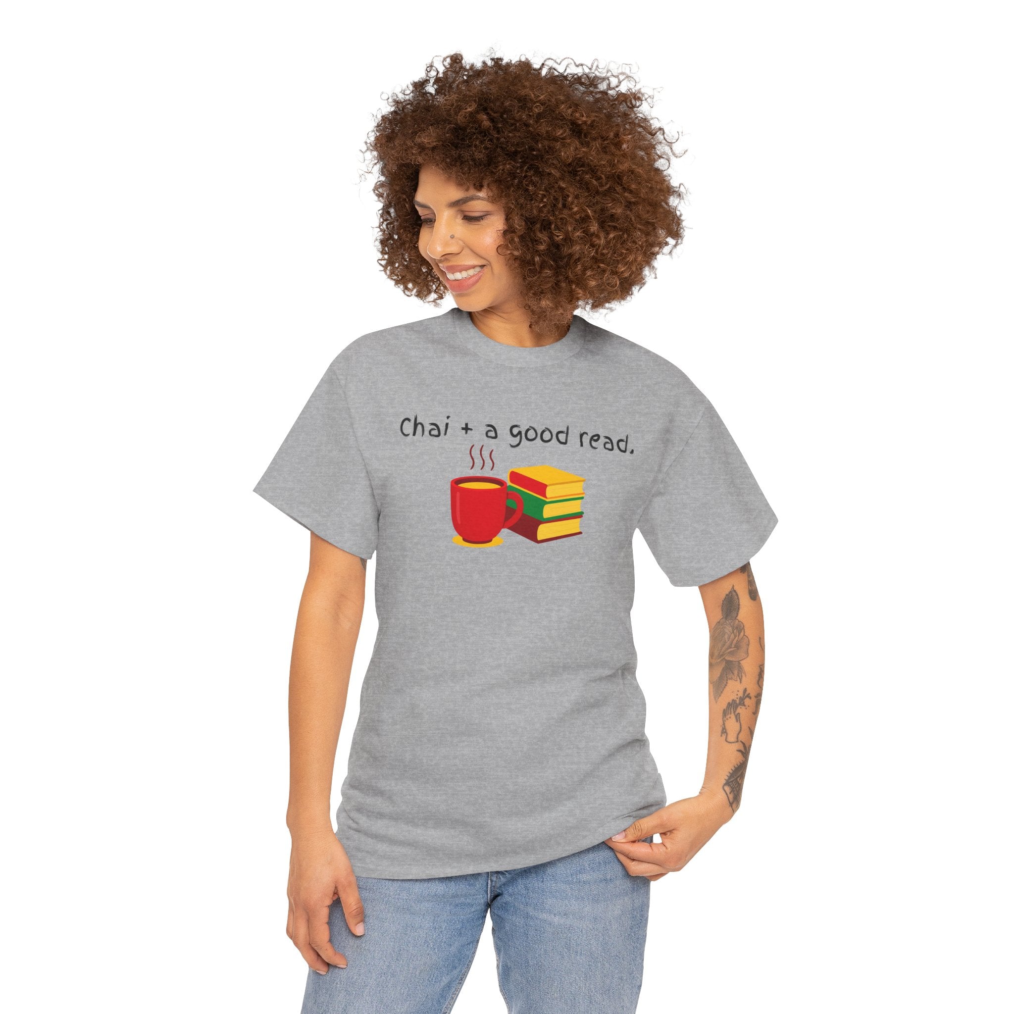 Chai + A Good Read T-Shirt — Tea & Books Graphic Tee for Book Lovers