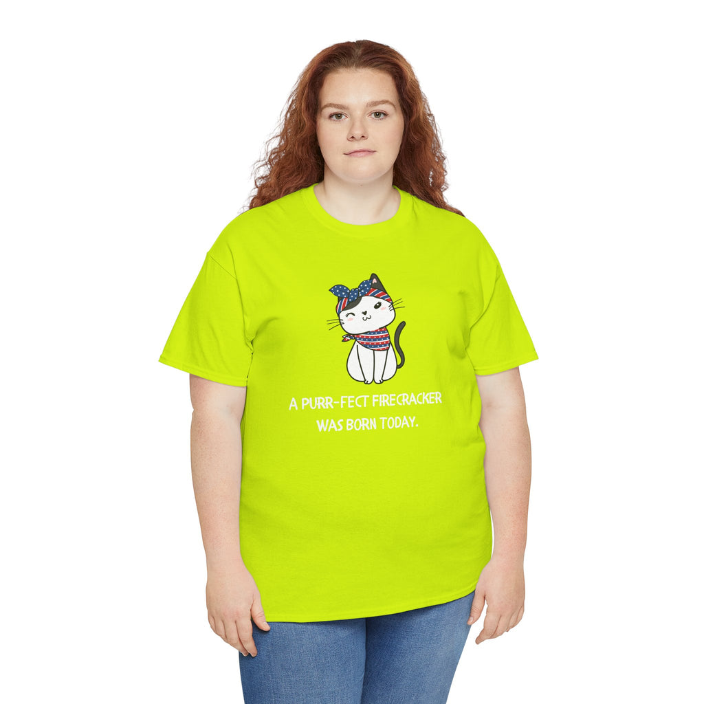 Cat Birthday Tee — "A Purr-fect Firecracker Was Born Today"
