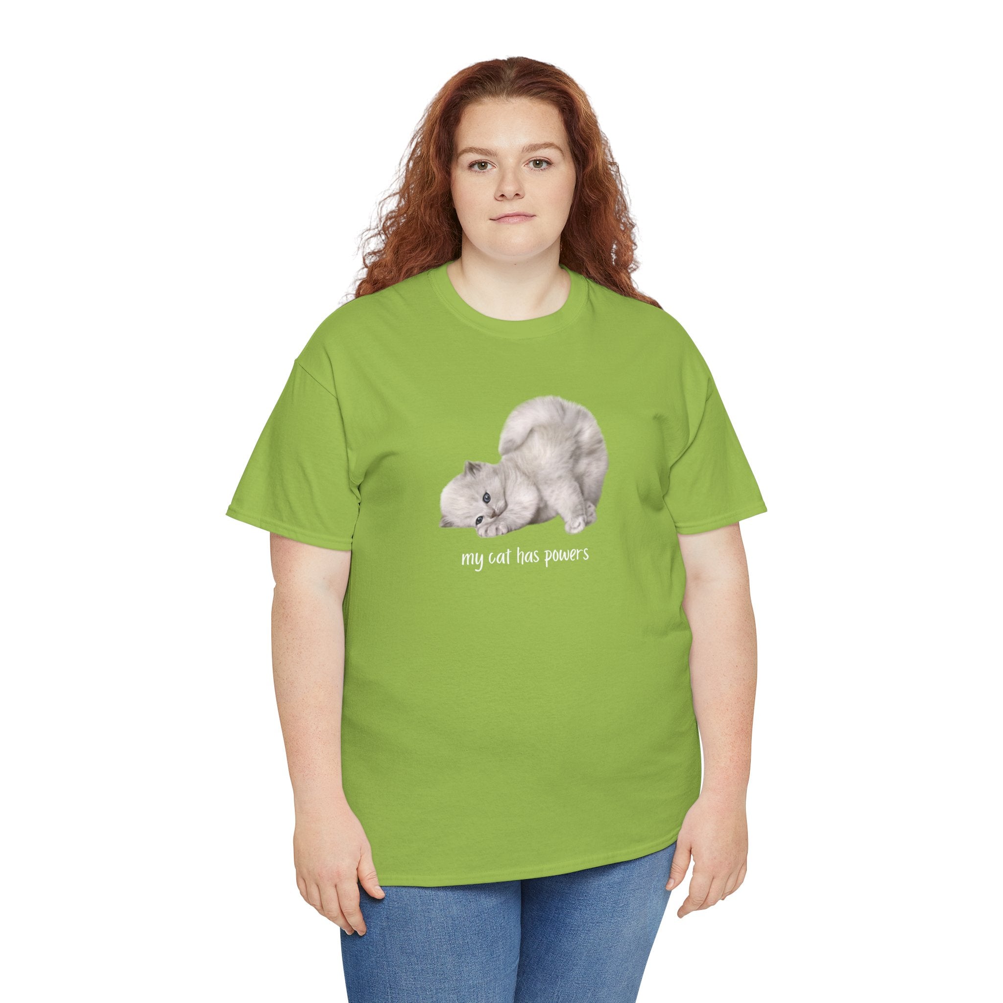 Cat T-Shirt – "My Cat Has Powers" Cute Stretching Cat Graphic Tee