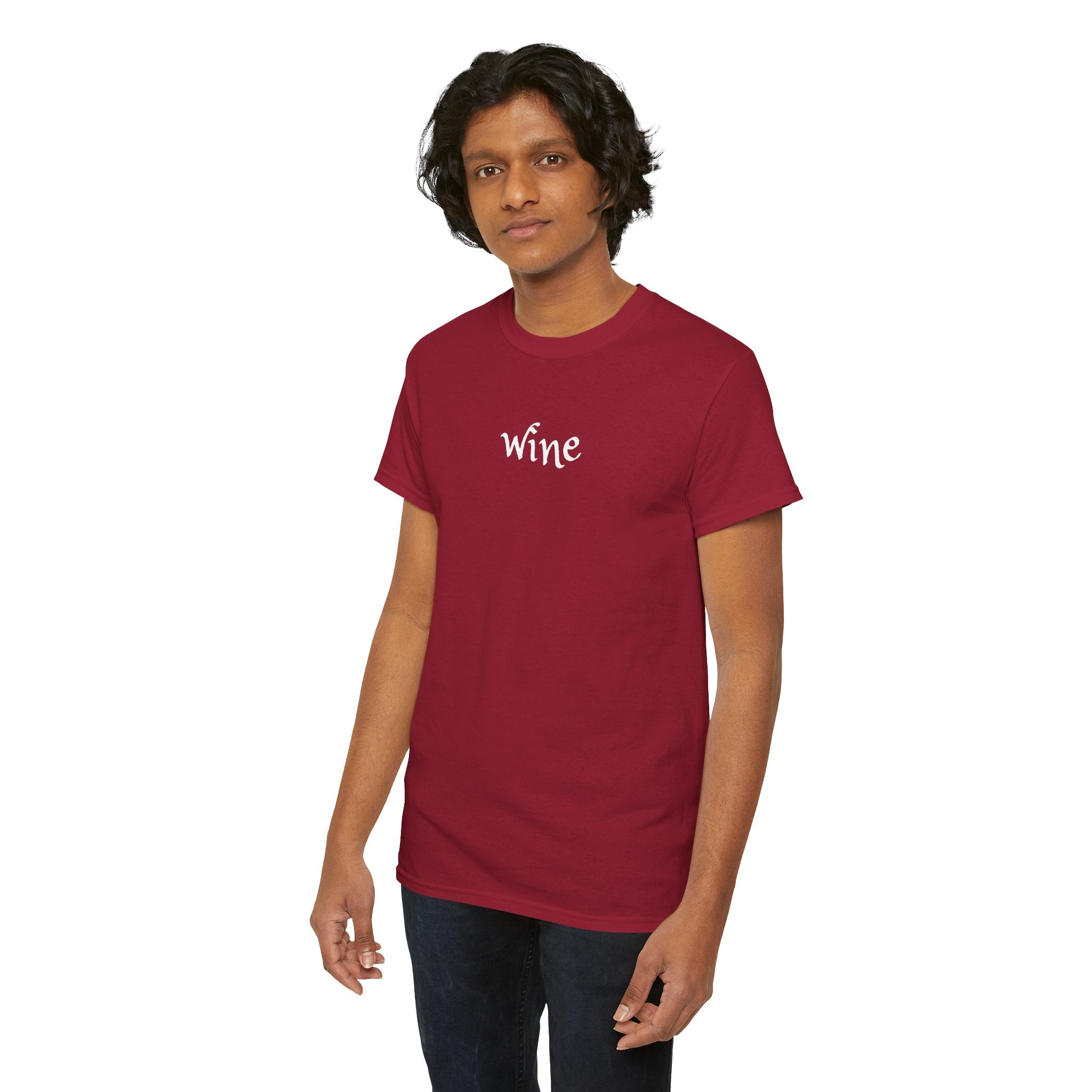 Wine Graphic Tee — Minimalist Small Chest 'wine' Text T‑Shirt