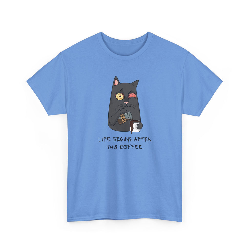 Cat Coffee T-Shirt — "Life Begins After This Coffee" Cute Cat Graphic Tee