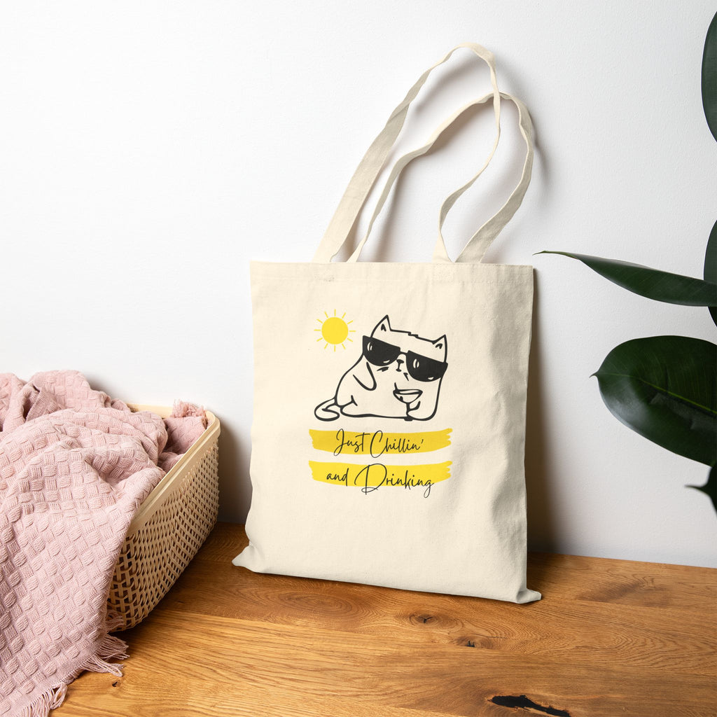 Cat Chill Tote Bag — "Just Chillin' and Drinking" Cotton Canvas Grocery Tote