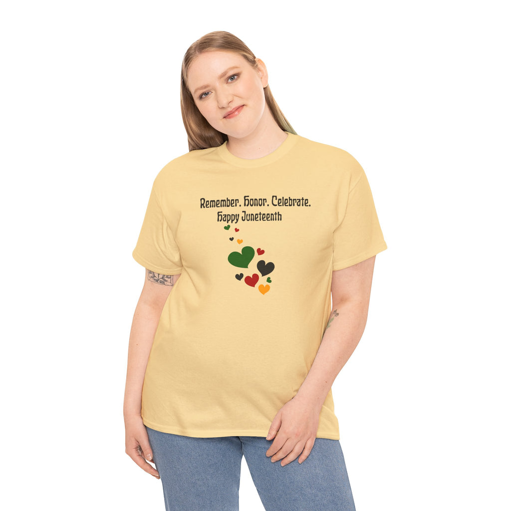 Juneteenth Celebration T‑Shirt — "Remember. Honor. Celebrate. Happy Juneteenth" with Pan-African Heart Design