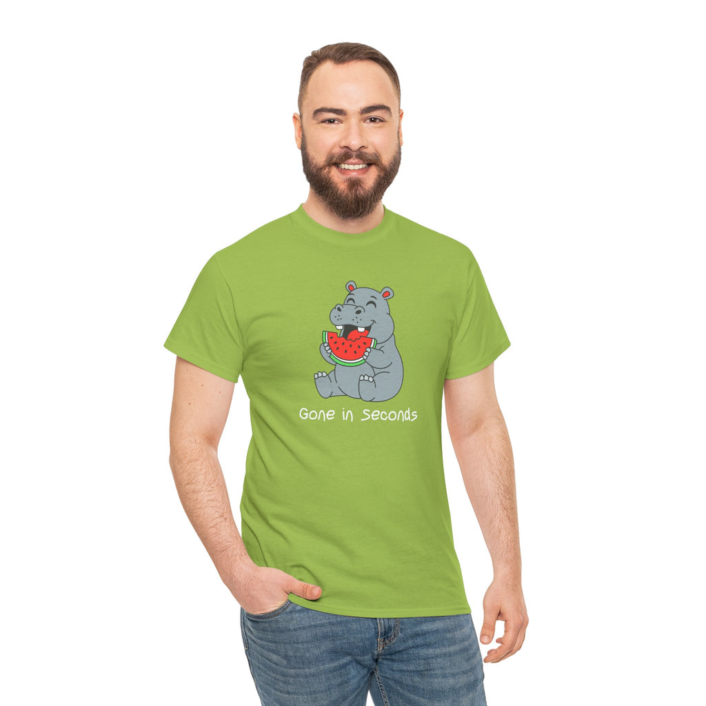 Hippo Eating Watermelon Tee — "Gone in Seconds" Cute Animal Graphic Shirt