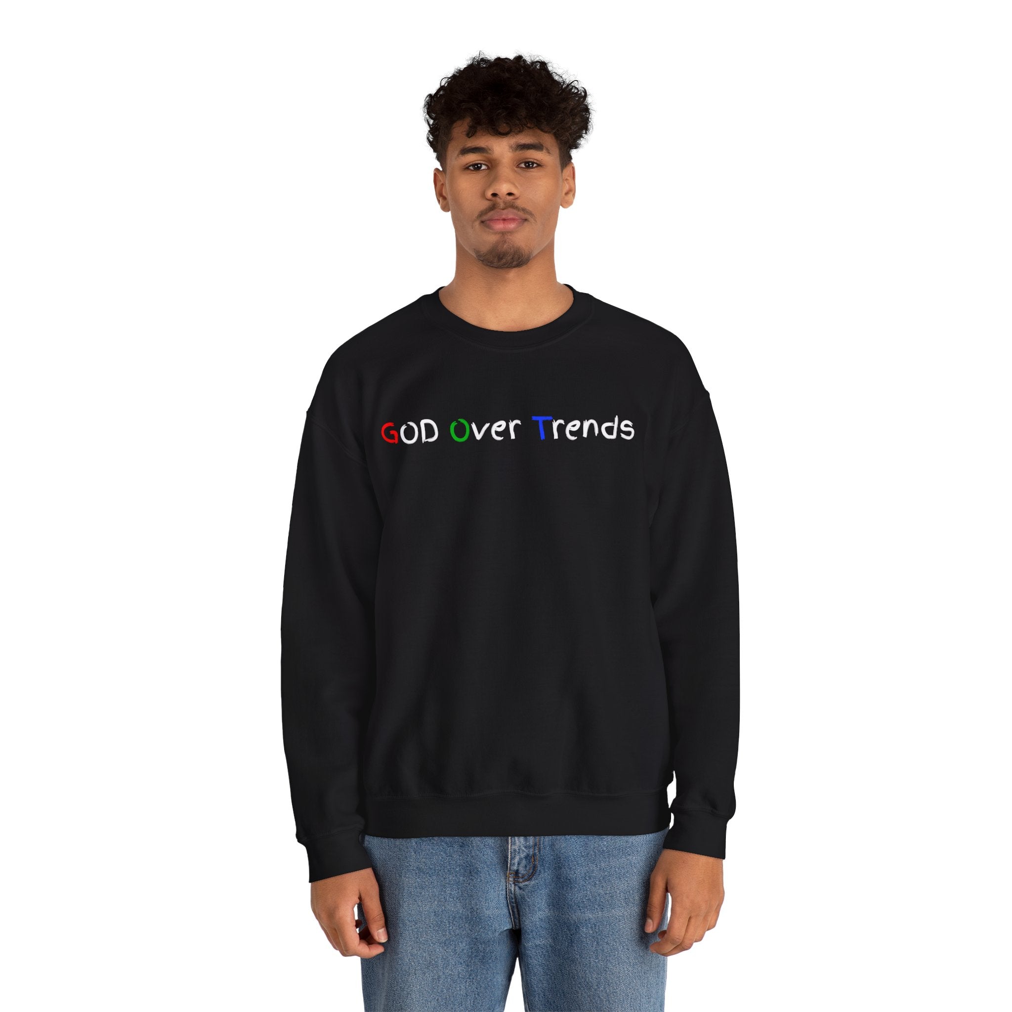 Crewneck Sweatshirt — "GOD over Trends" Colorful Faith Graphic