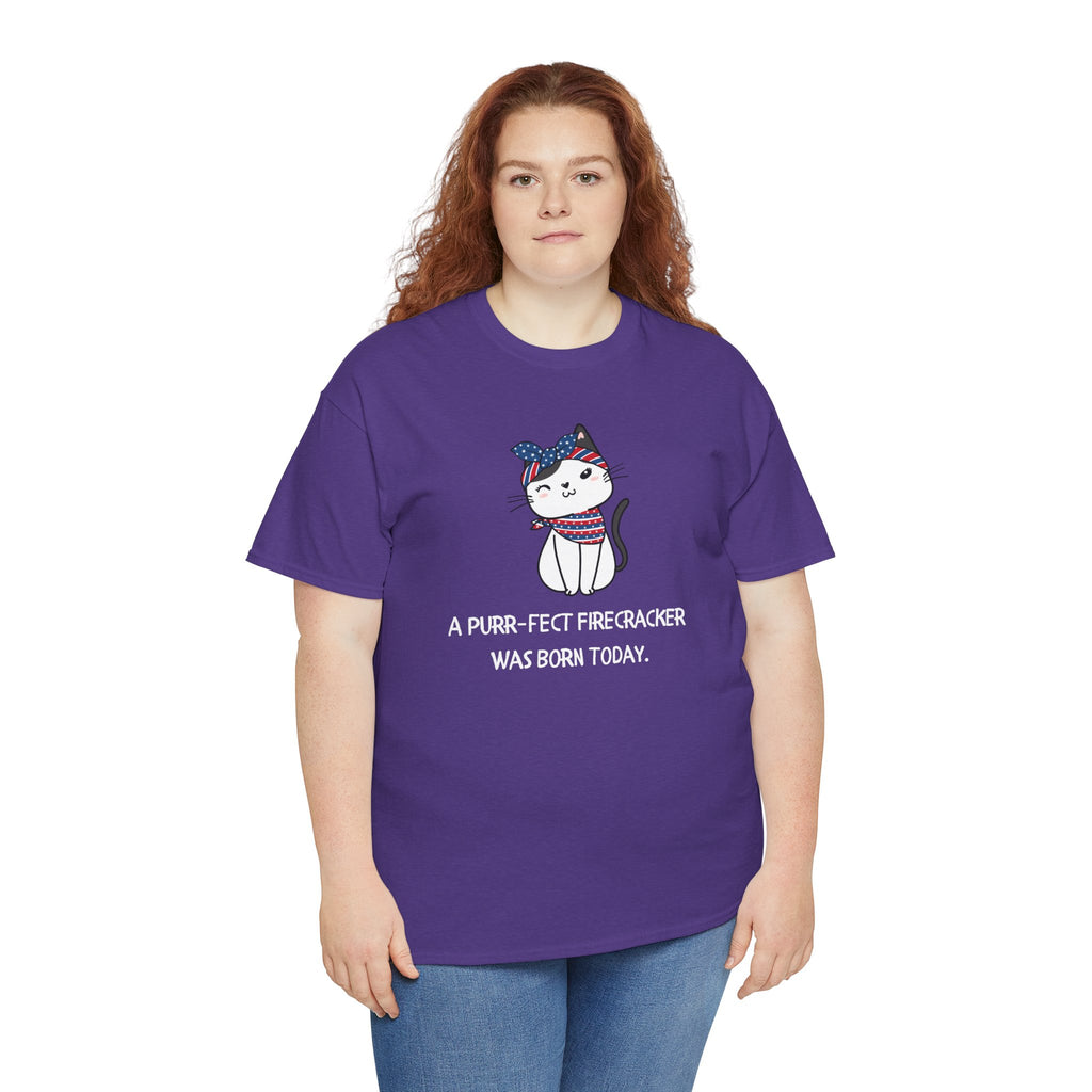Cat Birthday Tee — "A Purr-fect Firecracker Was Born Today"