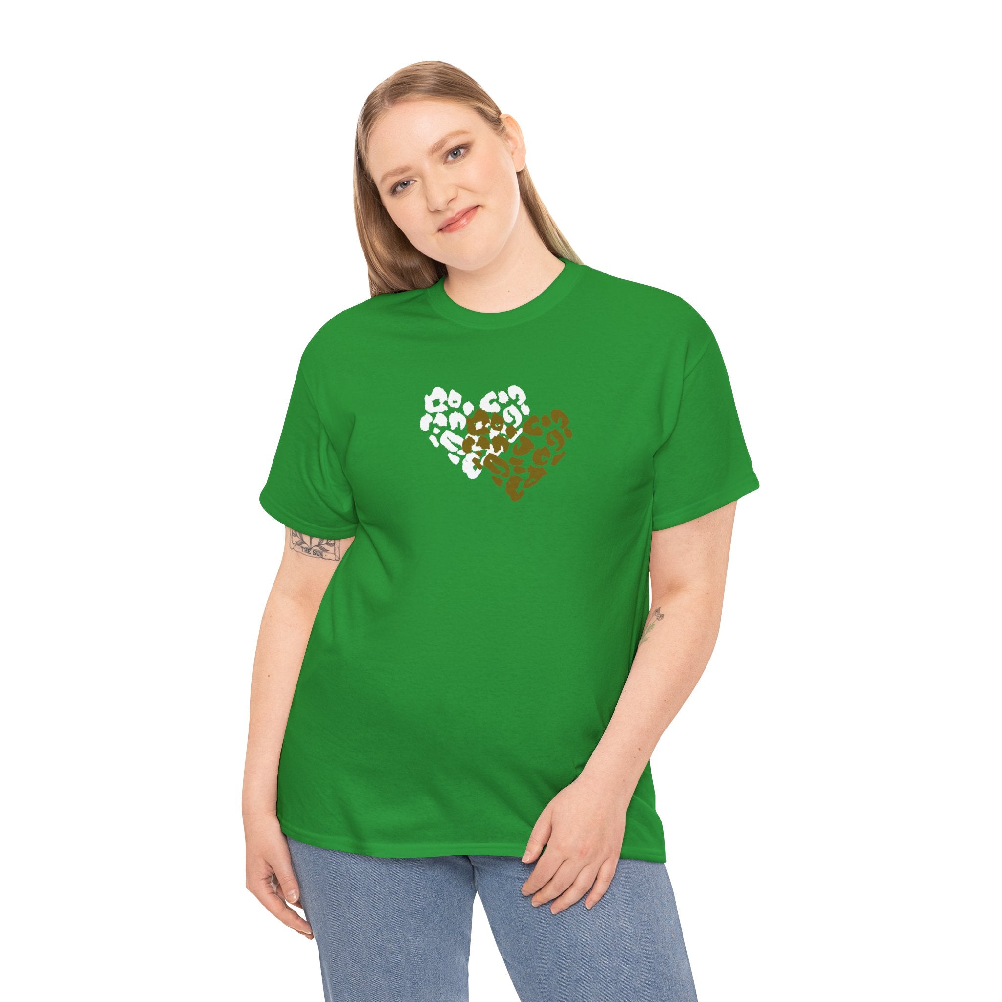 Leopard Heart Graphic Tee — Two-Tone Animal Print Heart T-Shirt