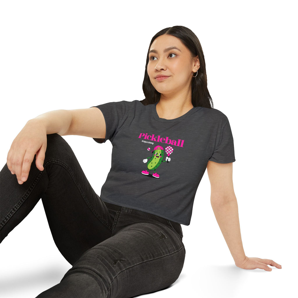 Pickleball Festival Crop Top — Cute Pickle Character Graphic Tee for Women