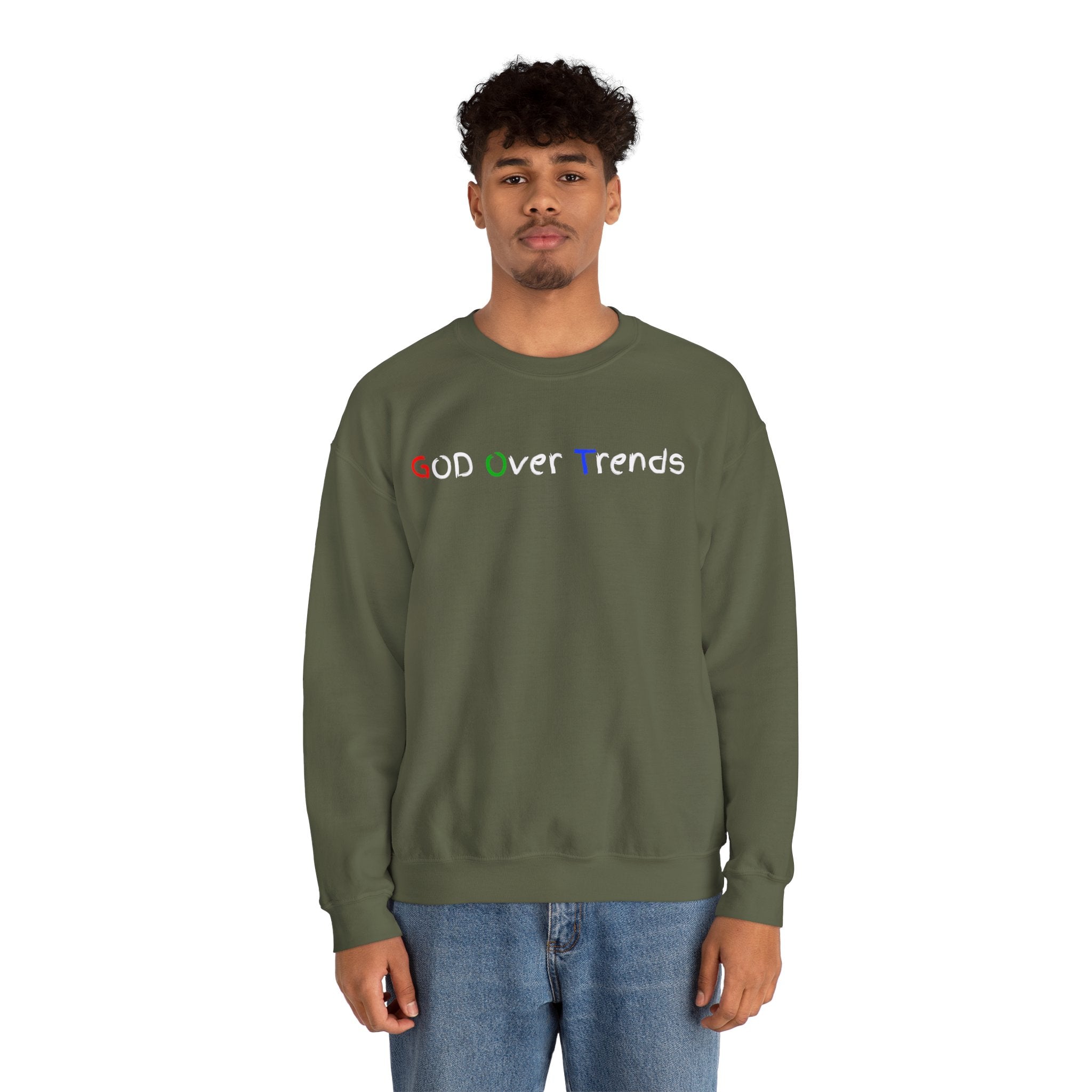 Crewneck Sweatshirt — "GOD over Trends" Colorful Faith Graphic
