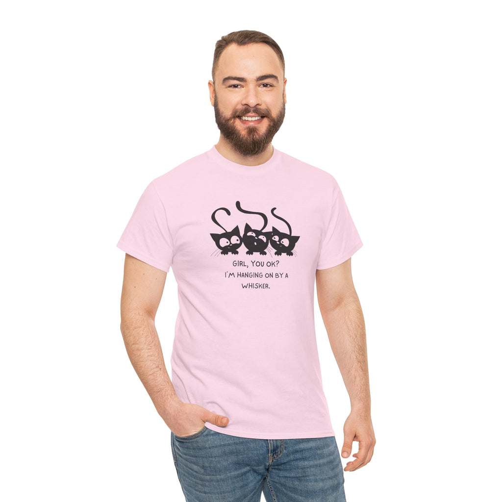 Cat Trio T‑Shirt – “Girl, You OK? I’m Hanging On By A Whisper” Cute Cat Graphic Tee