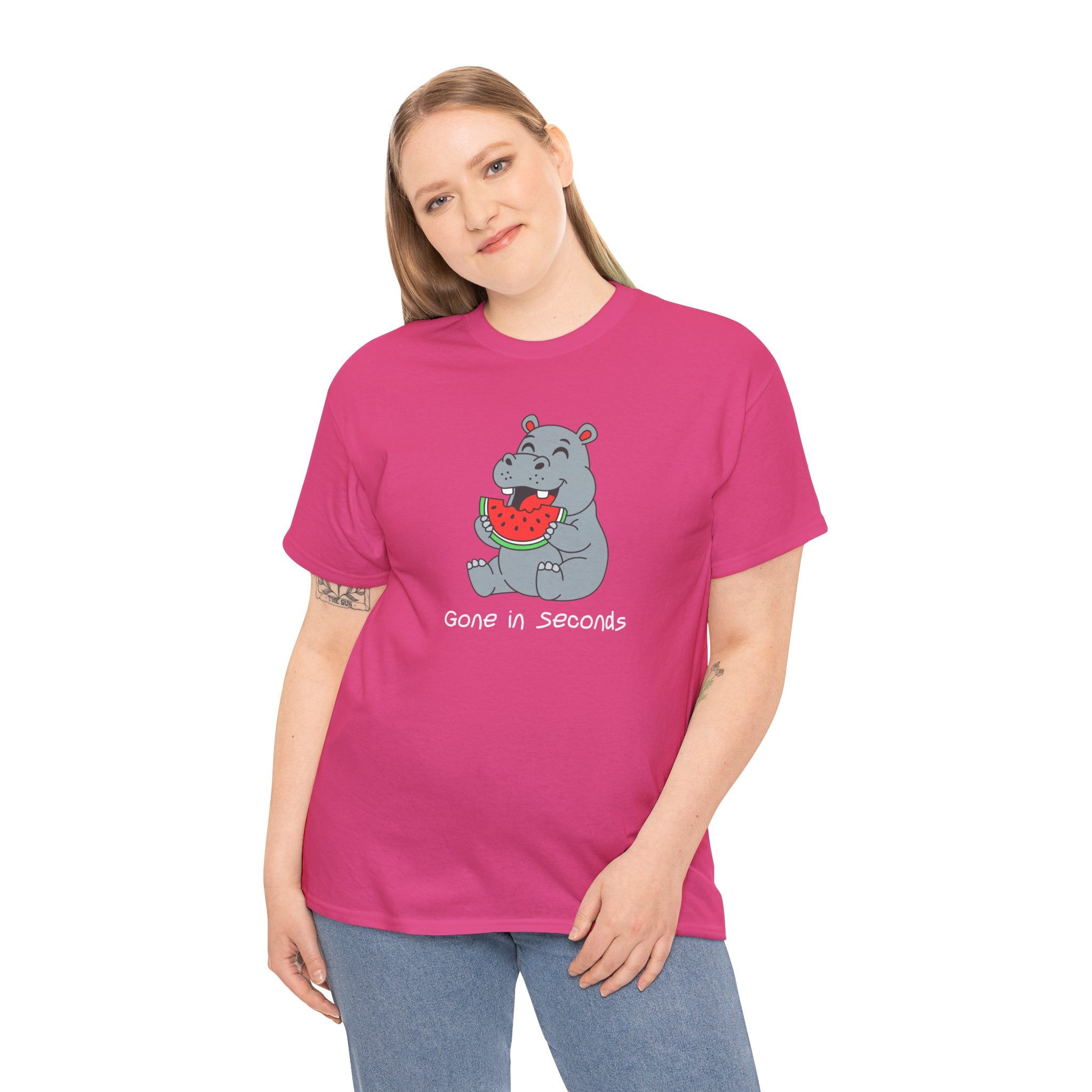 Hippo Eating Watermelon Tee — "Gone in Seconds" Cute Animal Graphic Shirt