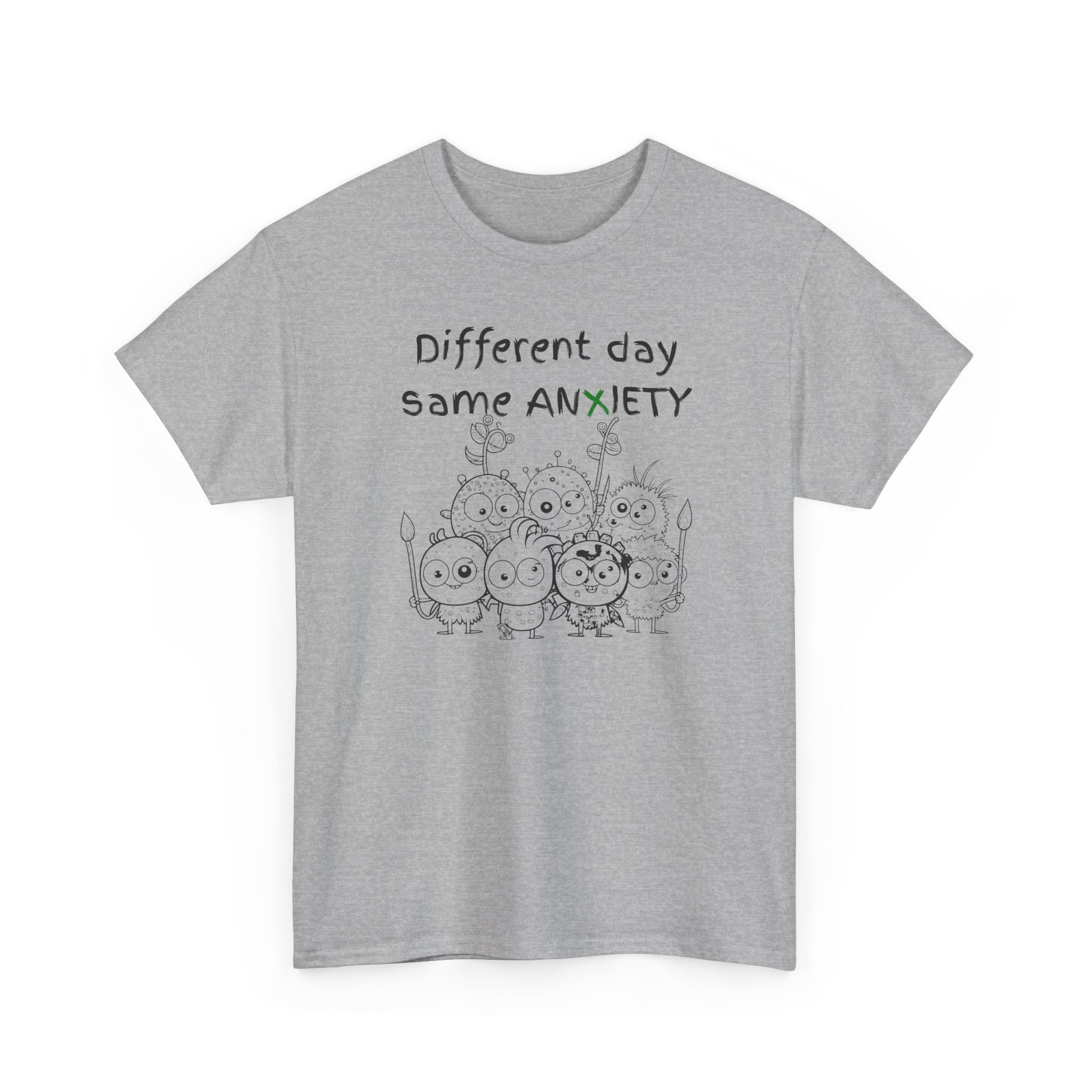 Anxiety Cartoon Tee — "Different day same ANXIETY" Mental Health Graphic T-Shirt
