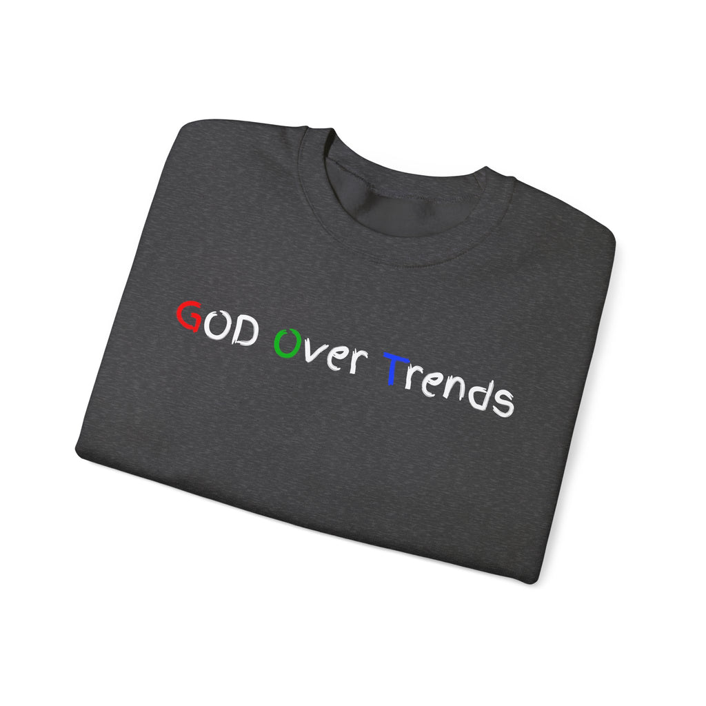 Crewneck Sweatshirt — "GOD over Trends" Colorful Faith Graphic