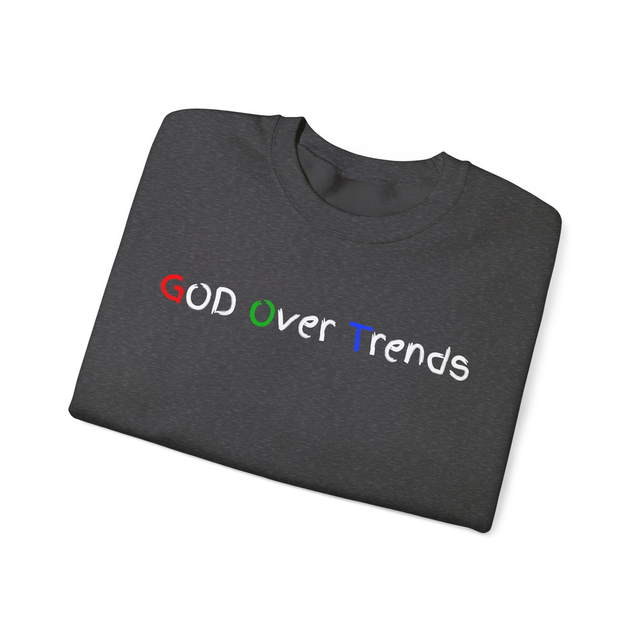 Crewneck Sweatshirt — "GOD over Trends" Colorful Faith Graphic