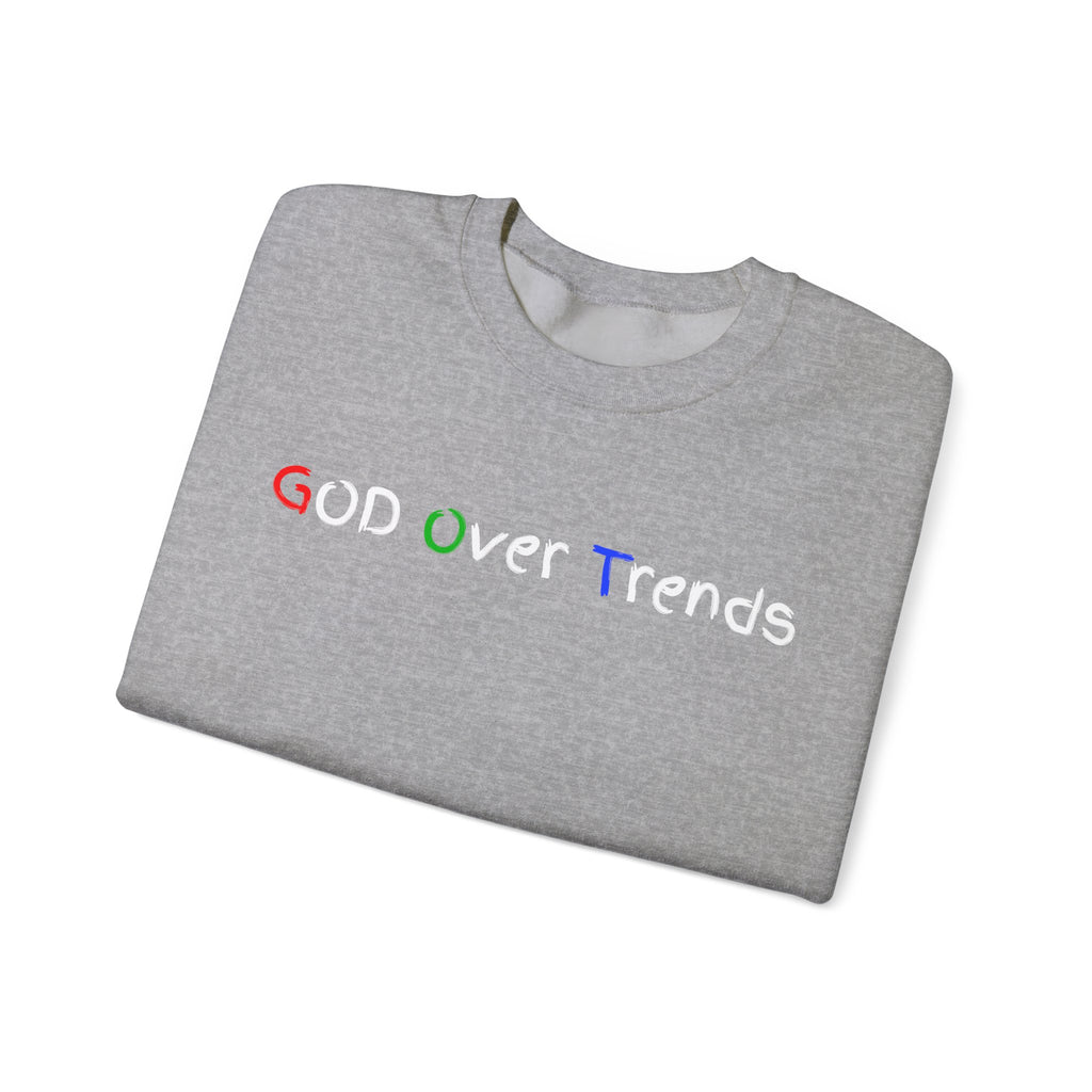 Crewneck Sweatshirt — "GOD over Trends" Colorful Faith Graphic