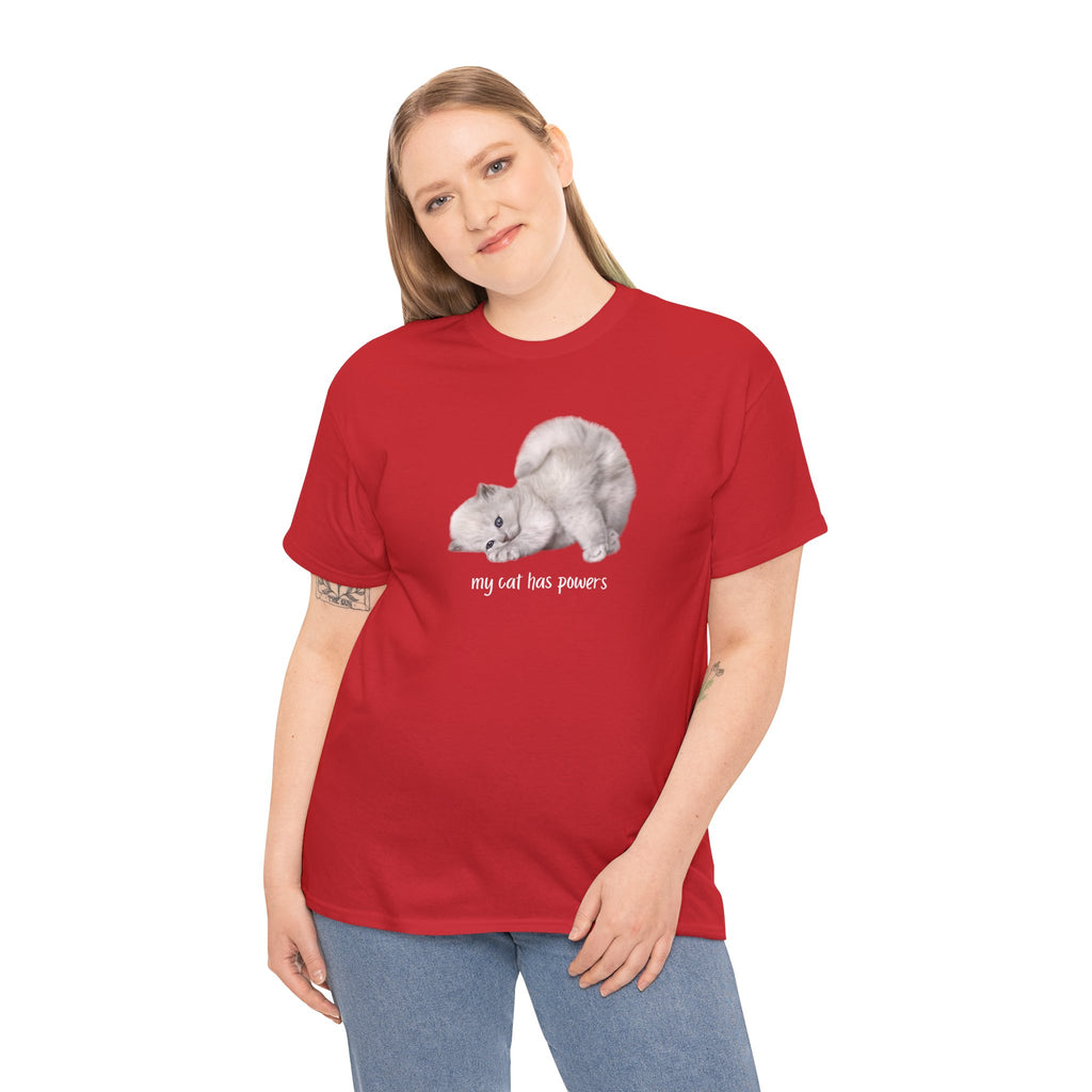 Cat T-Shirt – "My Cat Has Powers" Cute Stretching Cat Graphic Tee