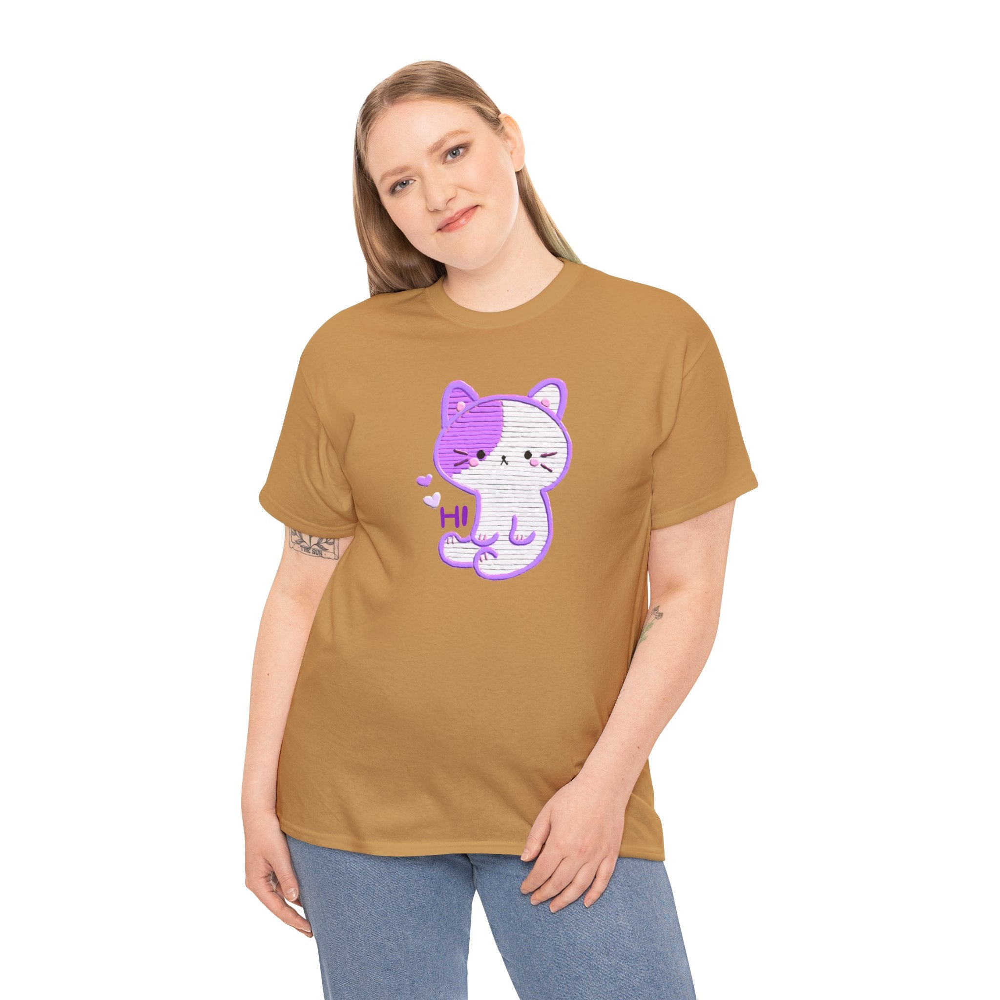 Cute Purple Cat “Hi” T-Shirt — Kawaii Kitten Graphic Tee