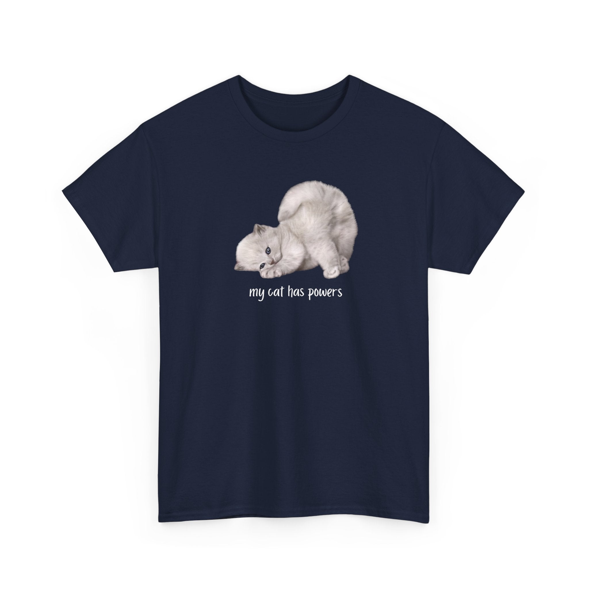 Cat T-Shirt – "My Cat Has Powers" Cute Stretching Cat Graphic Tee