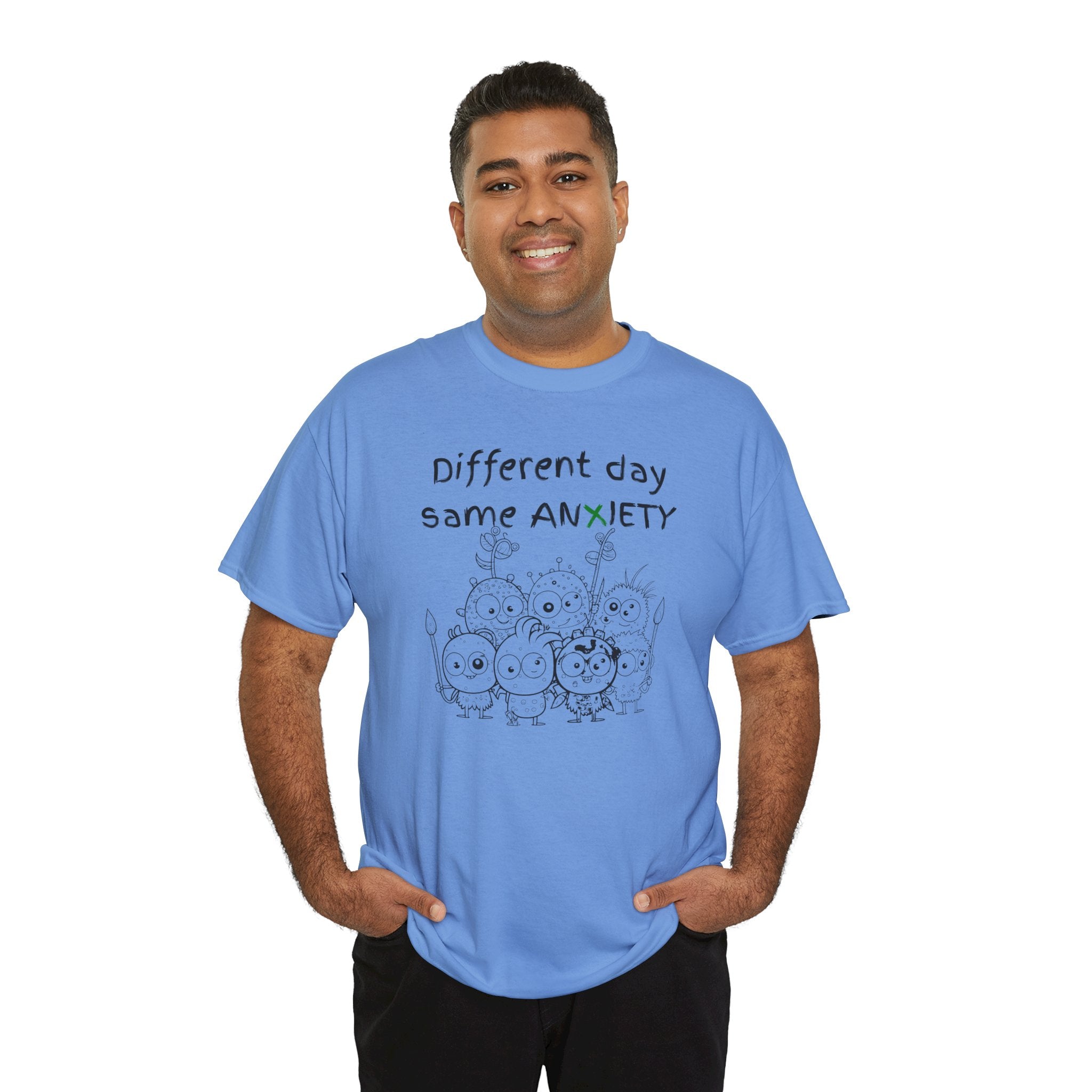 Anxiety Cartoon Tee — "Different day same ANXIETY" Mental Health Graphic T-Shirt