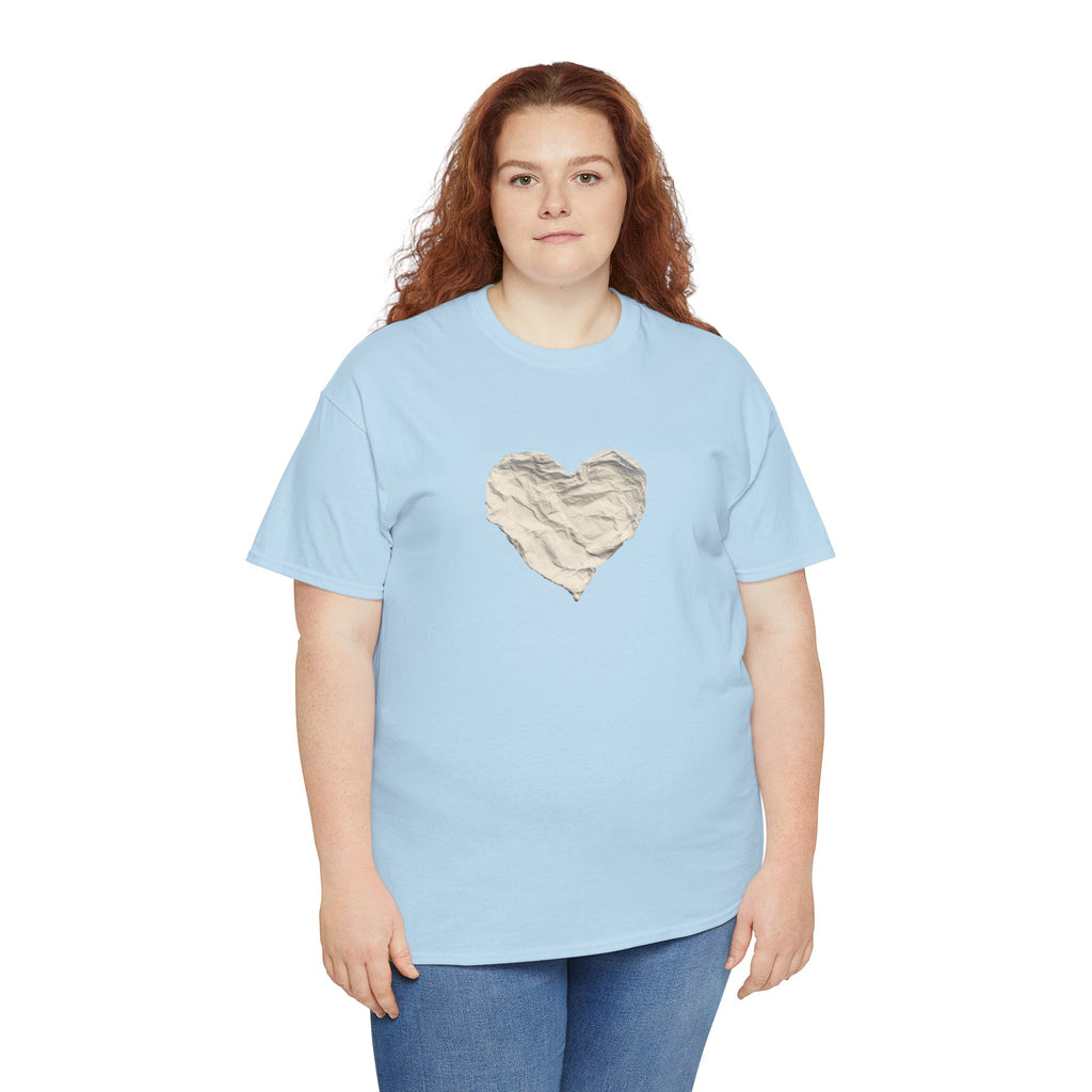 Crinkled Paper Heart Tee - Minimalist White Cotton Shirt