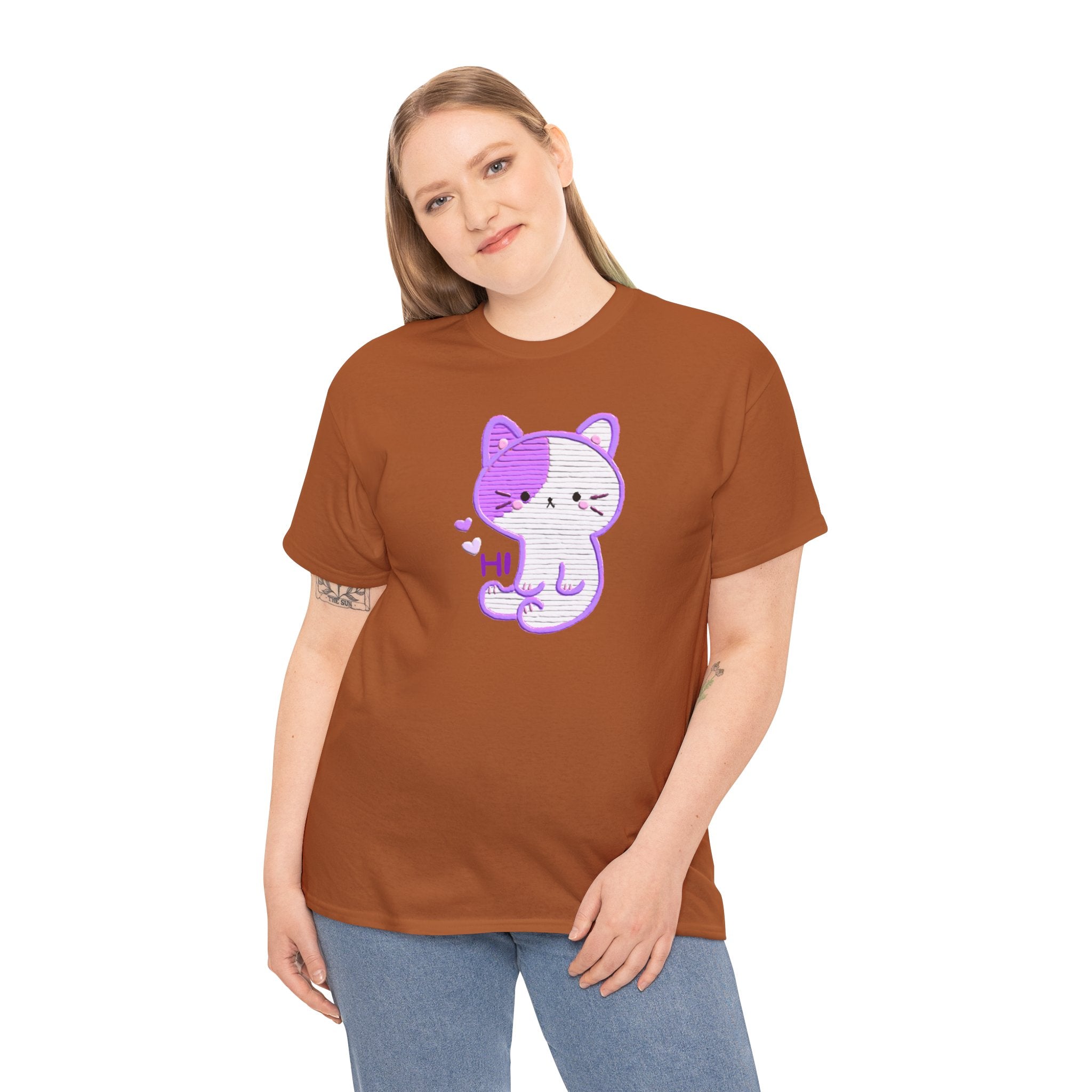 Cute Purple Cat “Hi” T-Shirt — Kawaii Kitten Graphic Tee