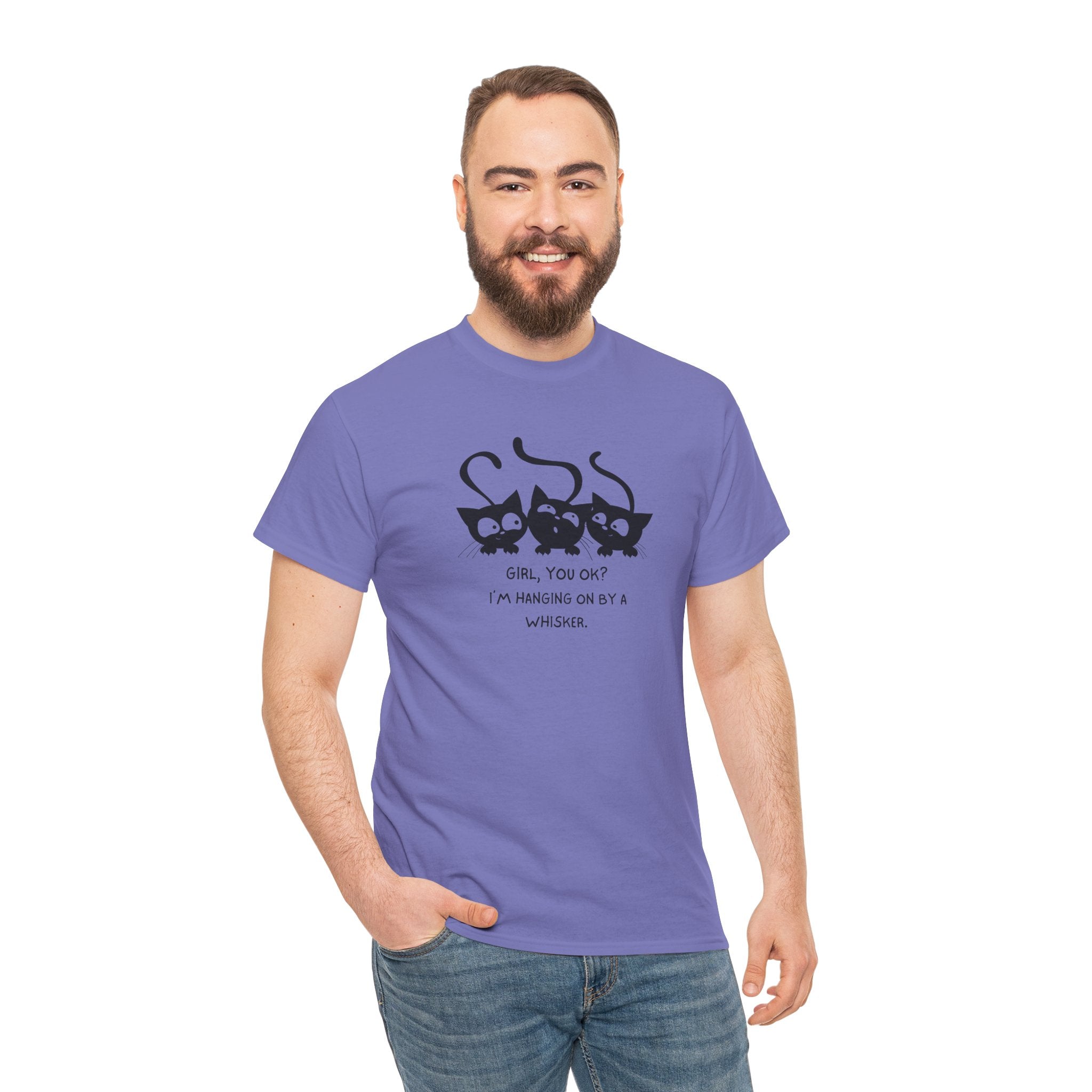 Cat Trio T‑Shirt – “Girl, You OK? I’m Hanging On By A Whisper” Cute Cat Graphic Tee