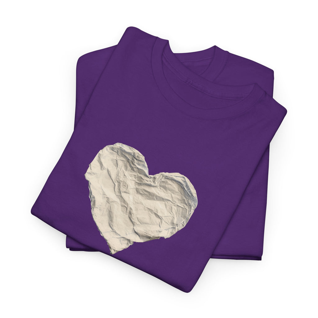 Crinkled Paper Heart Tee - Minimalist White Cotton Shirt